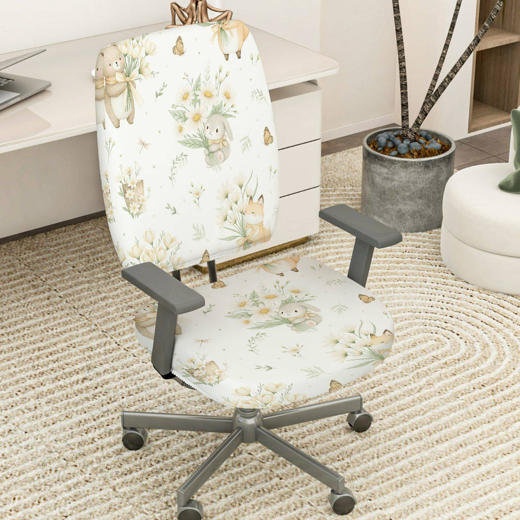 2-Piece Cute Animal Pastel Floral Spring-Inspired Decorative  Computer Chair Cover Set, Seat and Backrest
