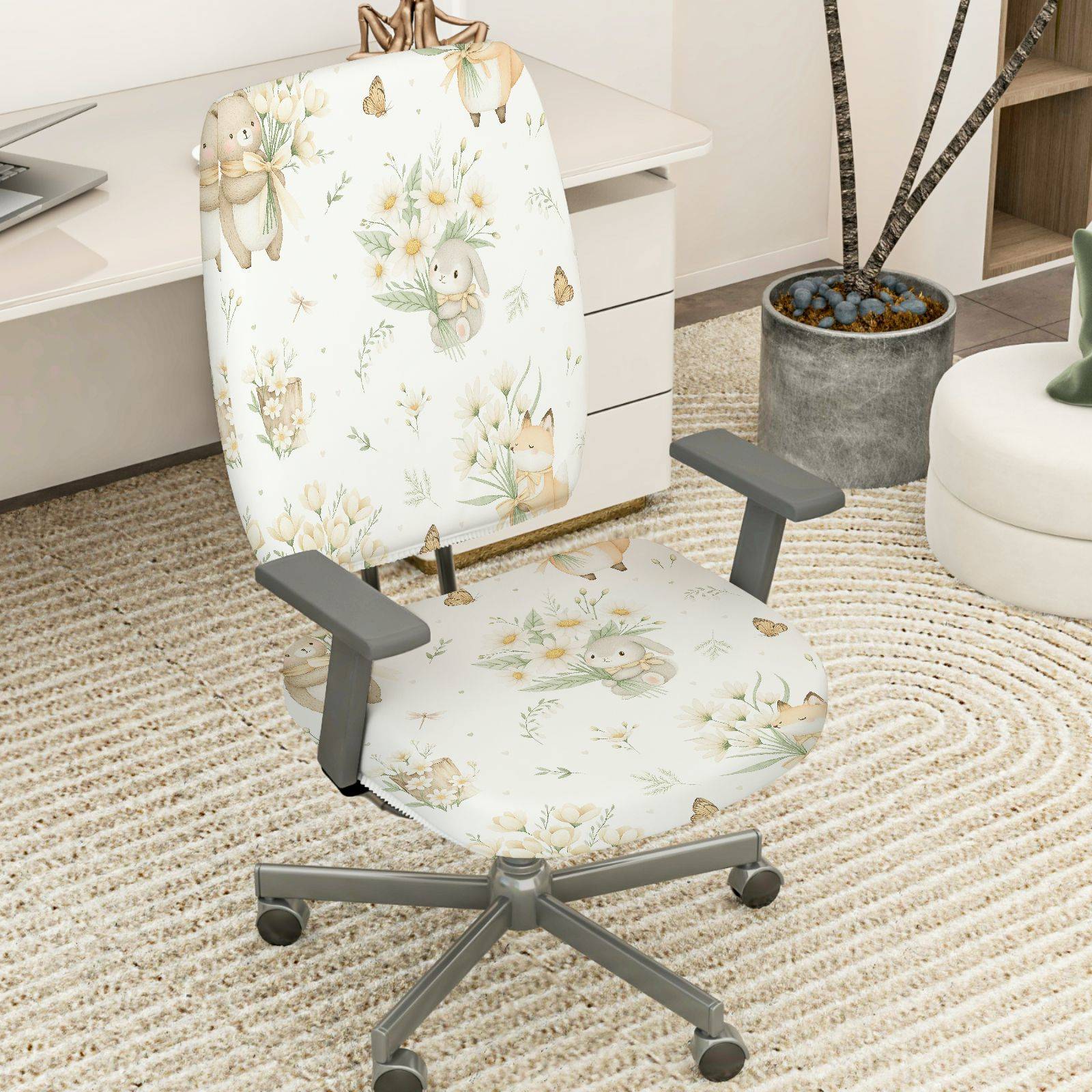 2-Piece Cute Animal Pastel Floral Spring-Inspired Decorative  Computer Chair Cover Set, Seat and Backrest
