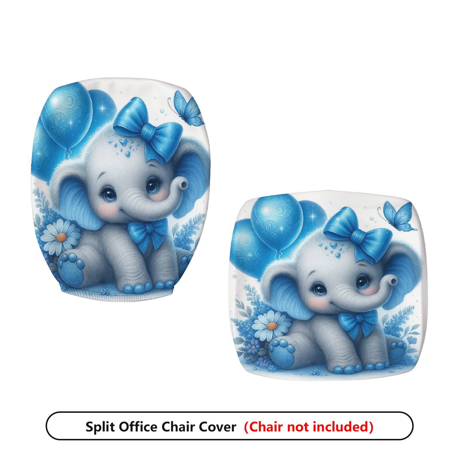2-Piece Cute Elephant Blue Flowers Butterfly Balloons  Computer Chair Cover Set, Seat and Backrest