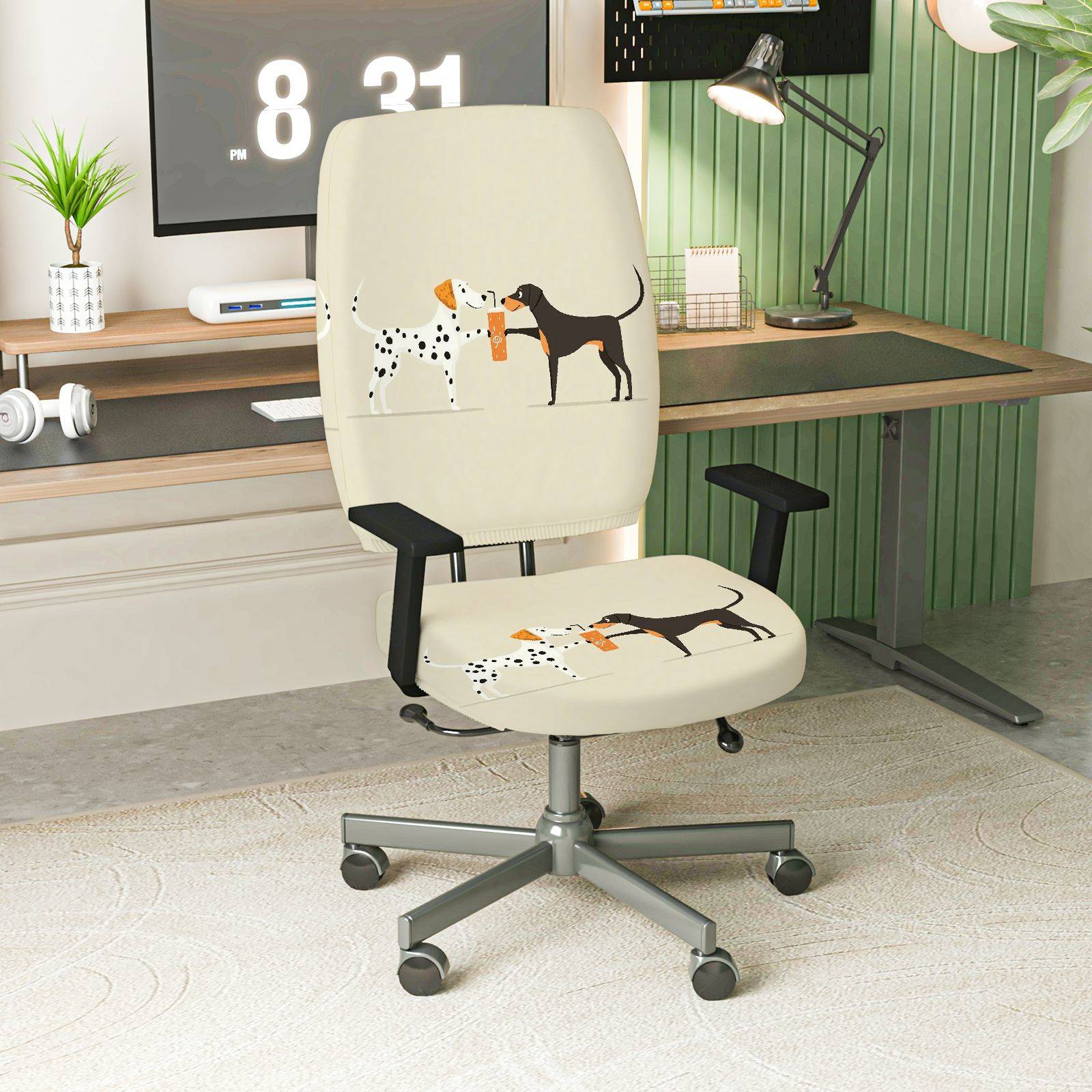 2-Piece Dog Pattern Animal  Computer Chair Cover Set, Seat and Backrest
