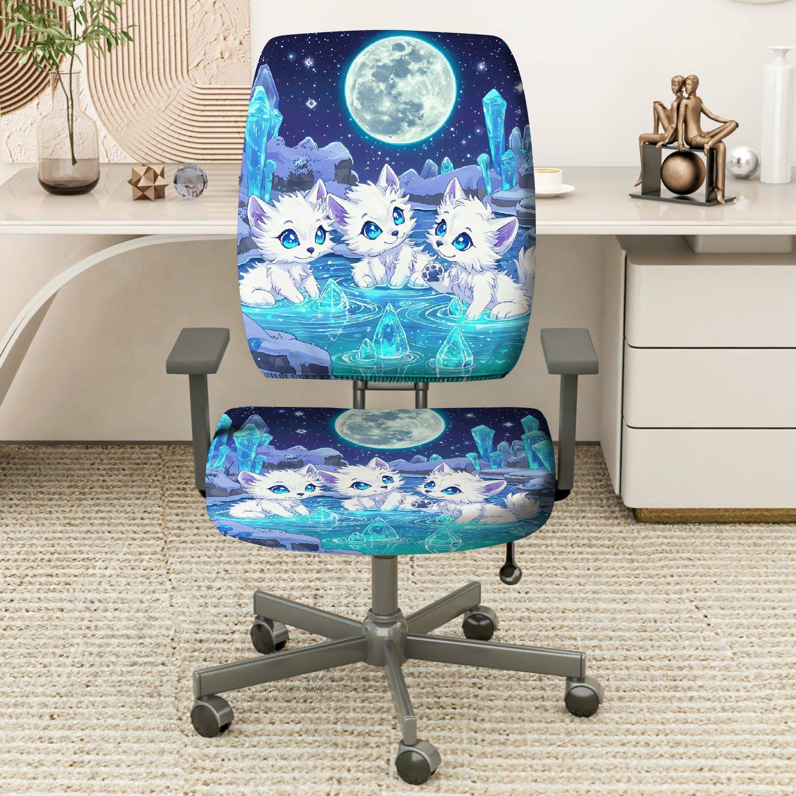2-Piece Moonlight Fantasy Animal Crystal Night Cats  Computer Chair Cover Set, Seat and Backrest