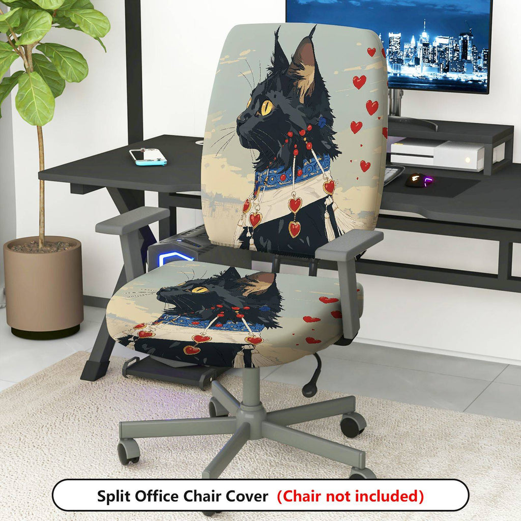 2-Piece Black Cat Heart Collar Cute Decorative  Computer Chair Cover Set, Seat and Backrest
