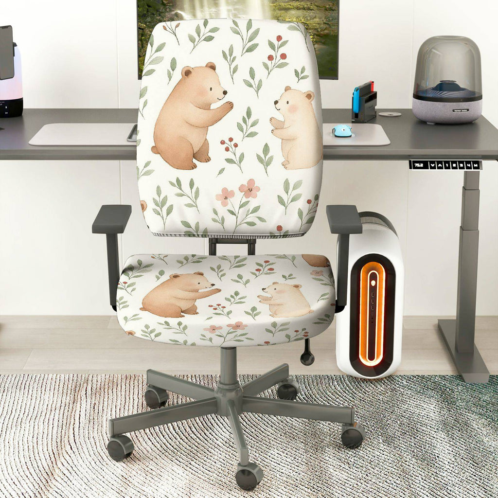 2-Piece Cute Bear Floral Nature  Computer Chair Cover Set, Seat and Backrest