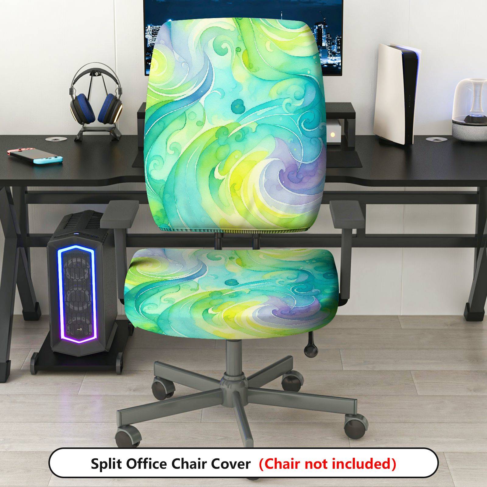 2-Piece Abstract Swirl Artistic Watercolor Green Blue Yellow  Computer Chair Cover Set, Seat and Backrest