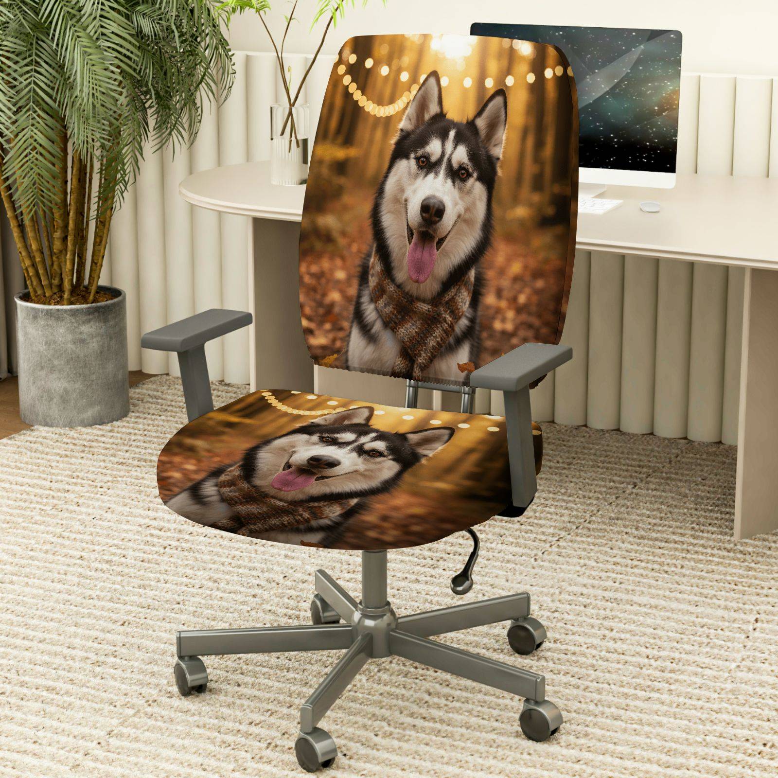 2-Piece Husky Dog Pattern Festive Living Room Decoration  Computer Chair Cover Set, Seat and Backrest