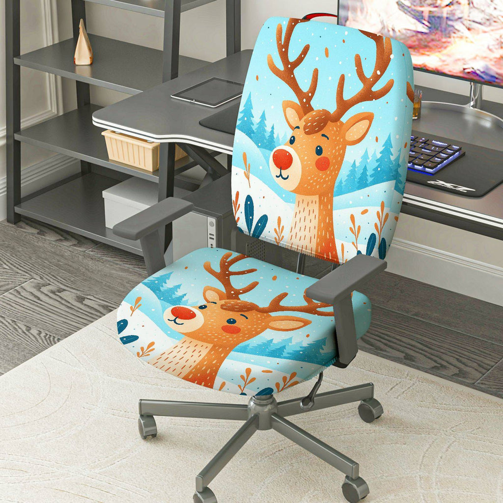 2-Piece Christmas Deer Snow Forest Winter  Computer Chair Cover Set, Seat and Backrest