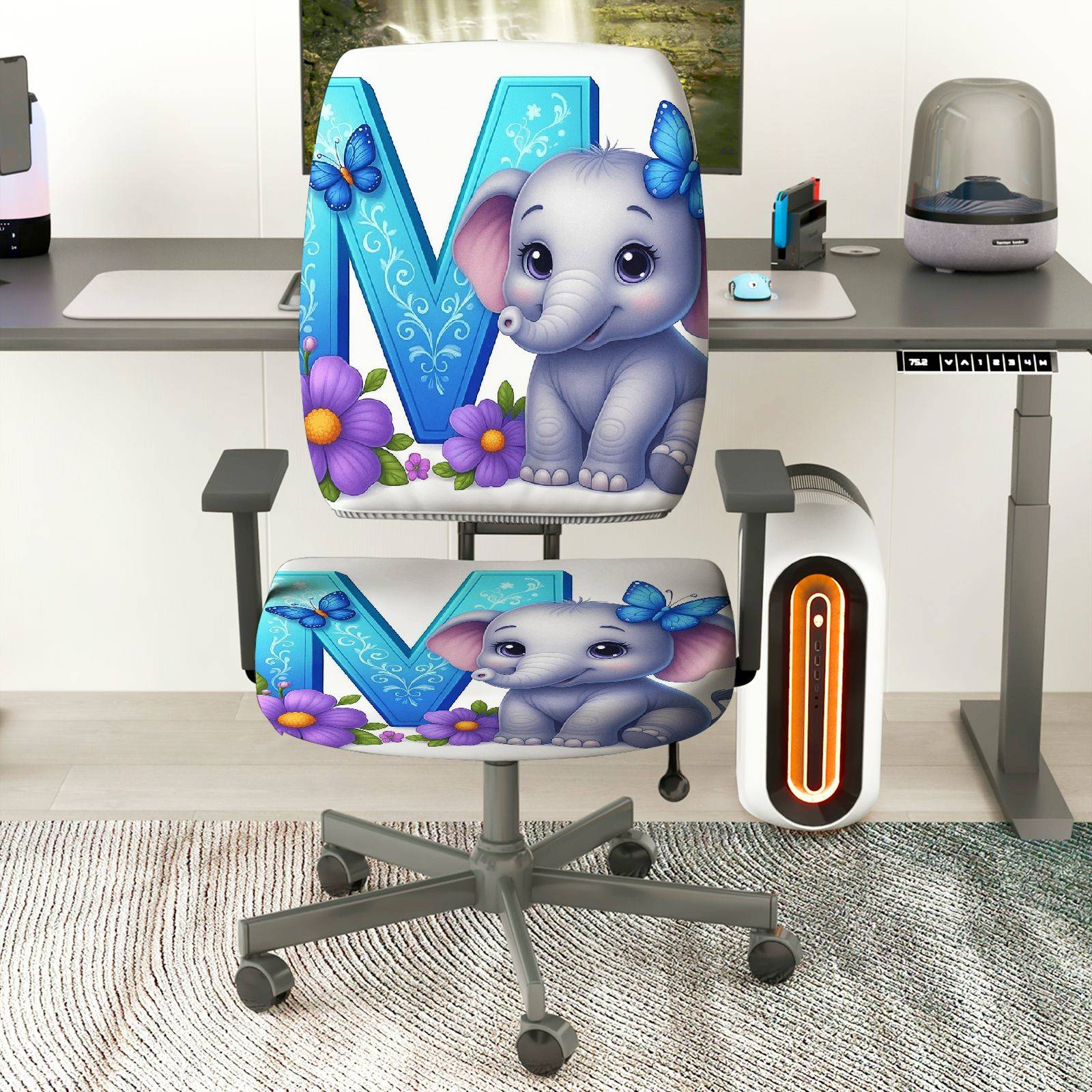 2-Piece Cute Elephant Butterfly Flower  Computer Chair Cover Set, Seat and Backrest