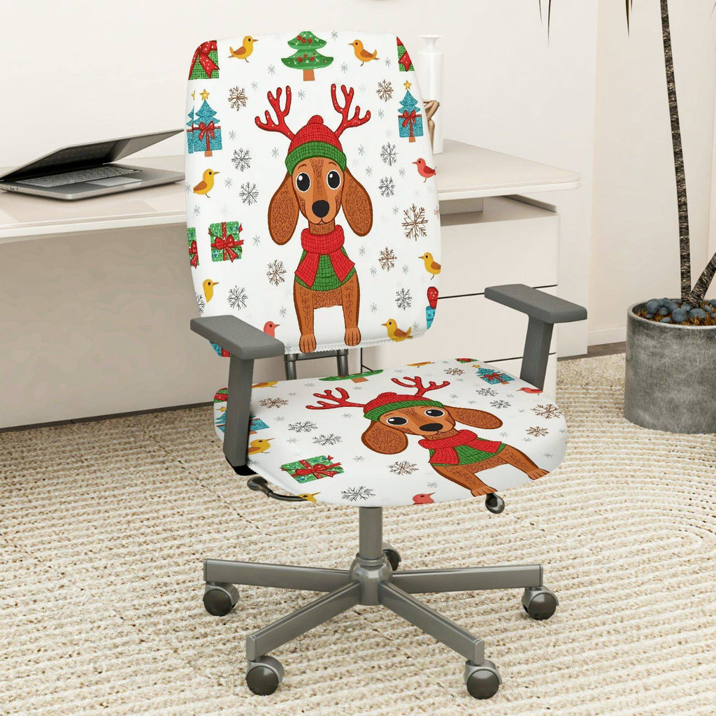 2-Piece Christmas Dog Reindeer Snowflake Gift  Computer Chair Cover Set, Seat and Backrest