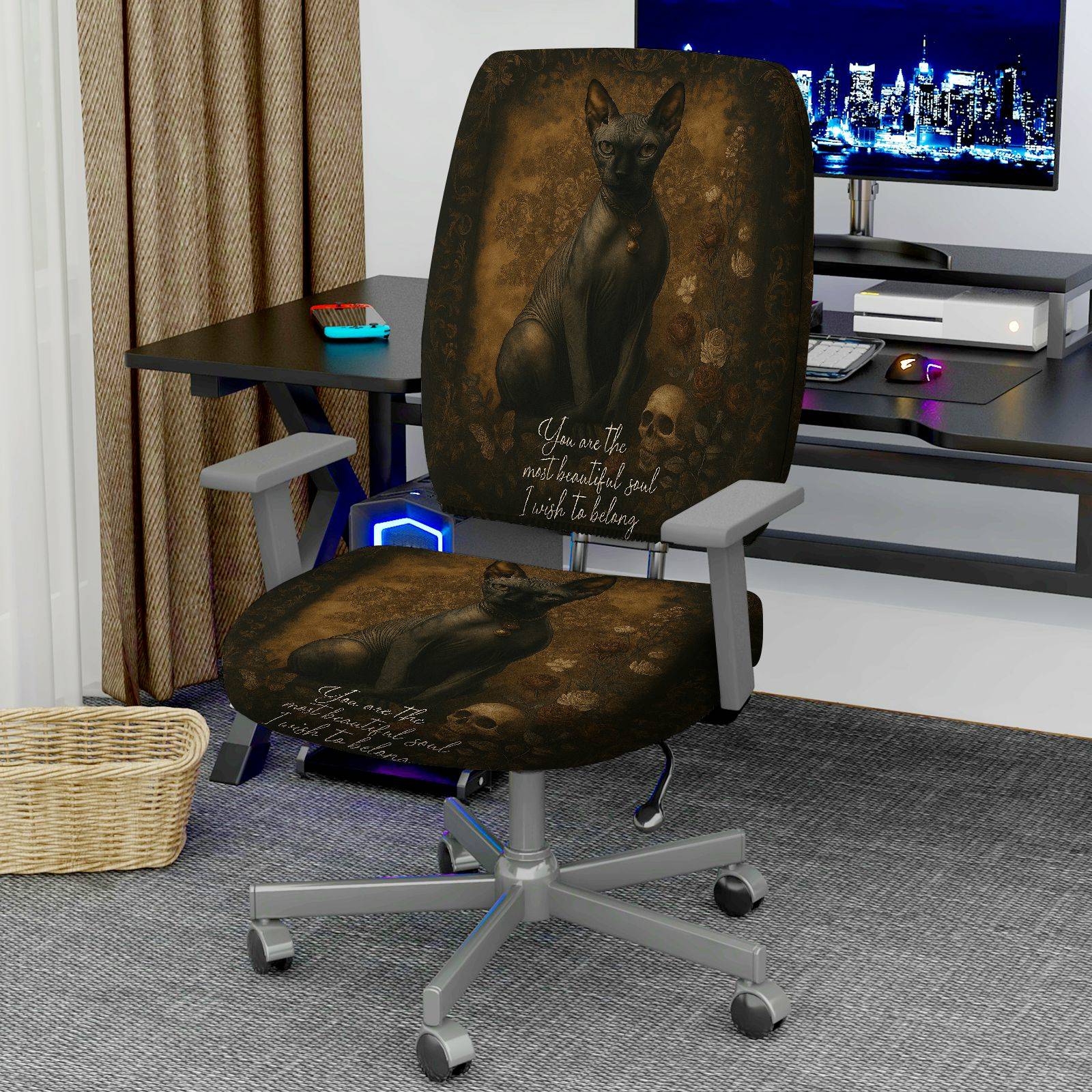 2-Piece Mysterious Gothic Skull Dog Inspiring Words Artistic  Computer Chair Cover Set, Seat and Backrest