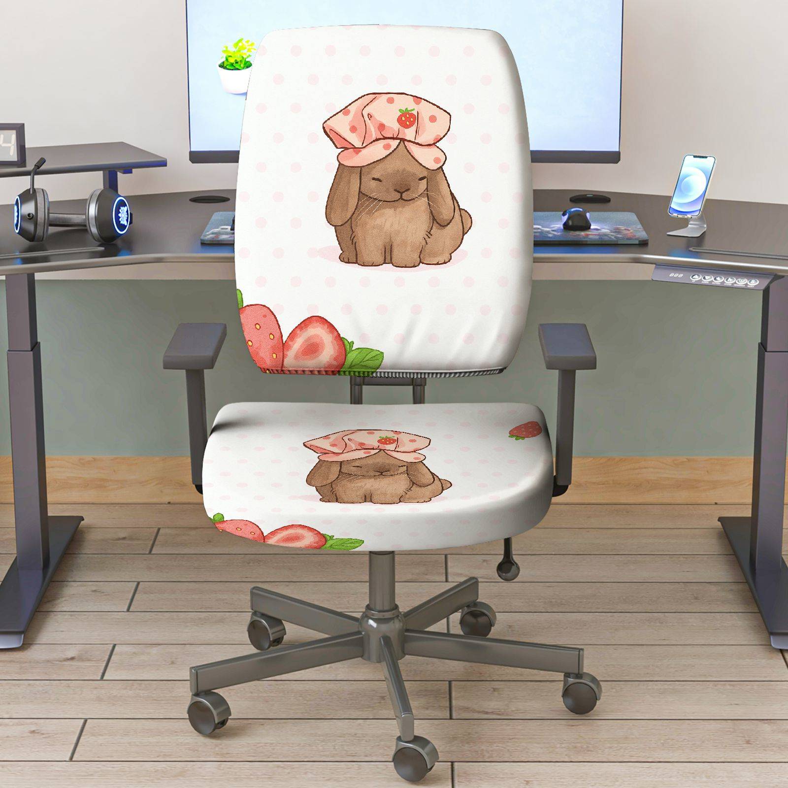 2-Piece Cute Bunny Strawberry Pink Polka Dot  Computer Chair Cover Set, Seat and Backrest