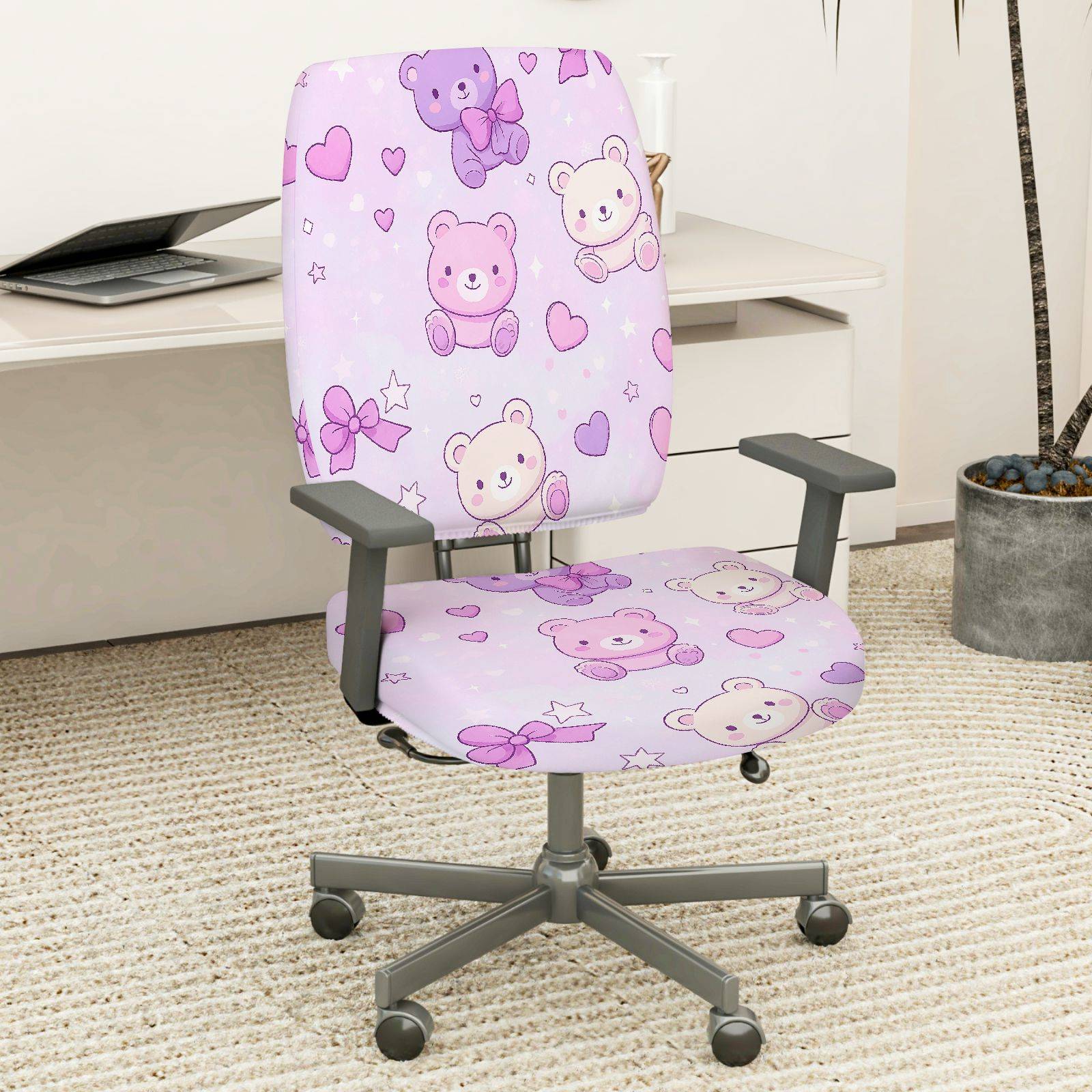 2-Piece Cute Teddy Bear Pink Hearts Stars Bow  Computer Chair Cover Set, Seat and Backrest