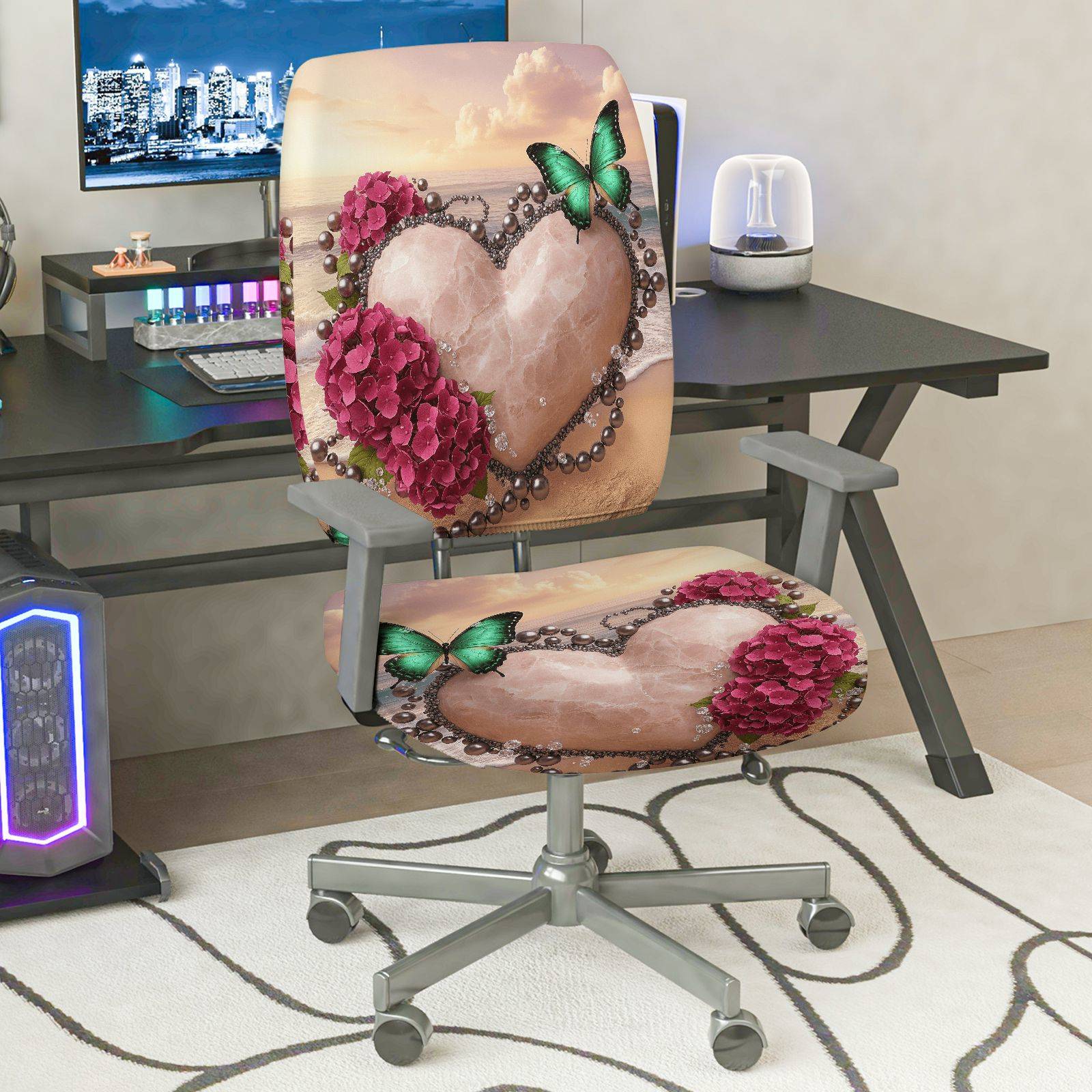 2-Piece Romantic Heart Flower Butterfly Pearl  Computer Chair Cover Set, Seat and Backrest