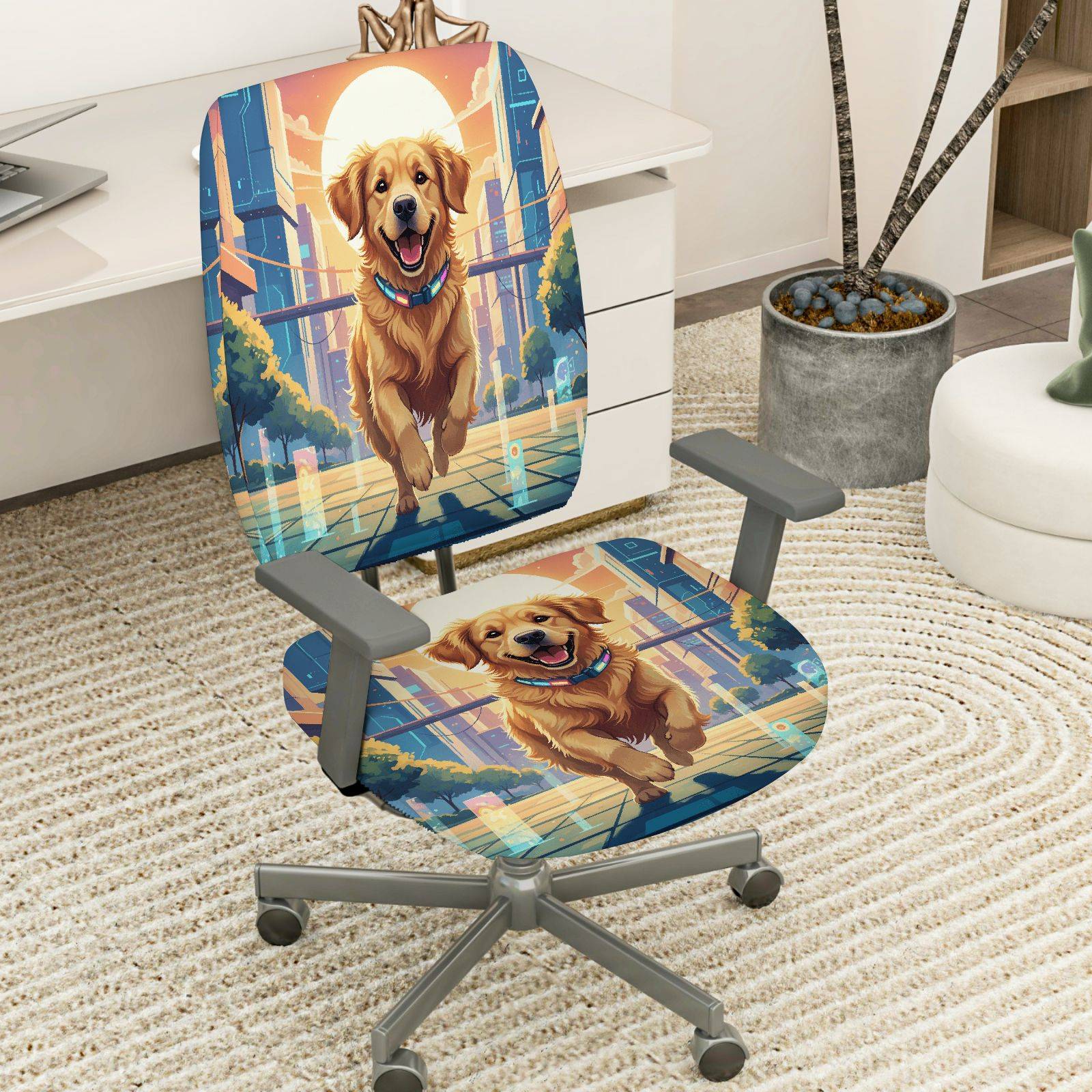 2-Piece Dog Cityscape Sunset Joyful Vibrant Playful  Computer Chair Cover Set, Seat and Backrest