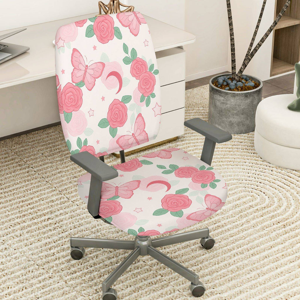 2-Piece Rose Butterfly Moon Star Artistic Floral  Computer Chair Cover Set, Seat and Backrest