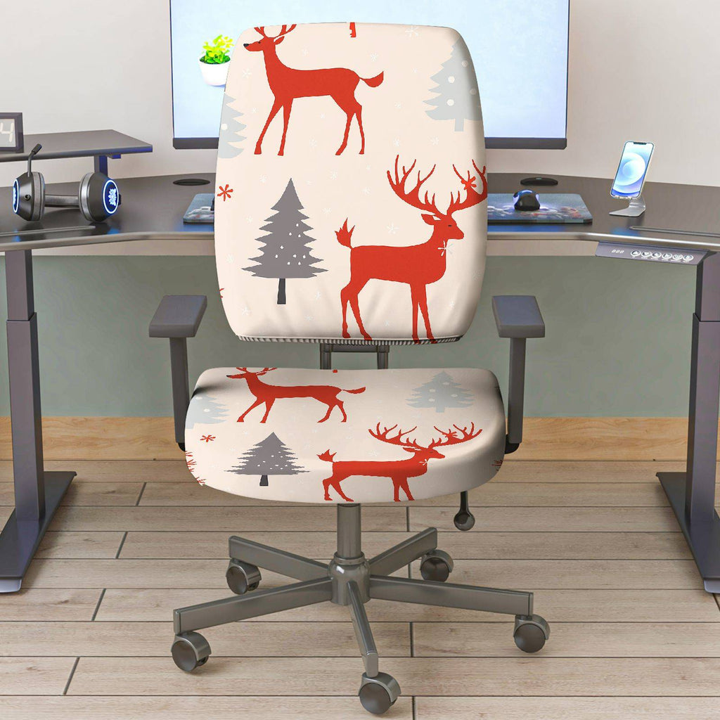 2-Piece Deer Christmas Tree Snowflake Holiday  Computer Chair Cover Set, Seat and Backrest