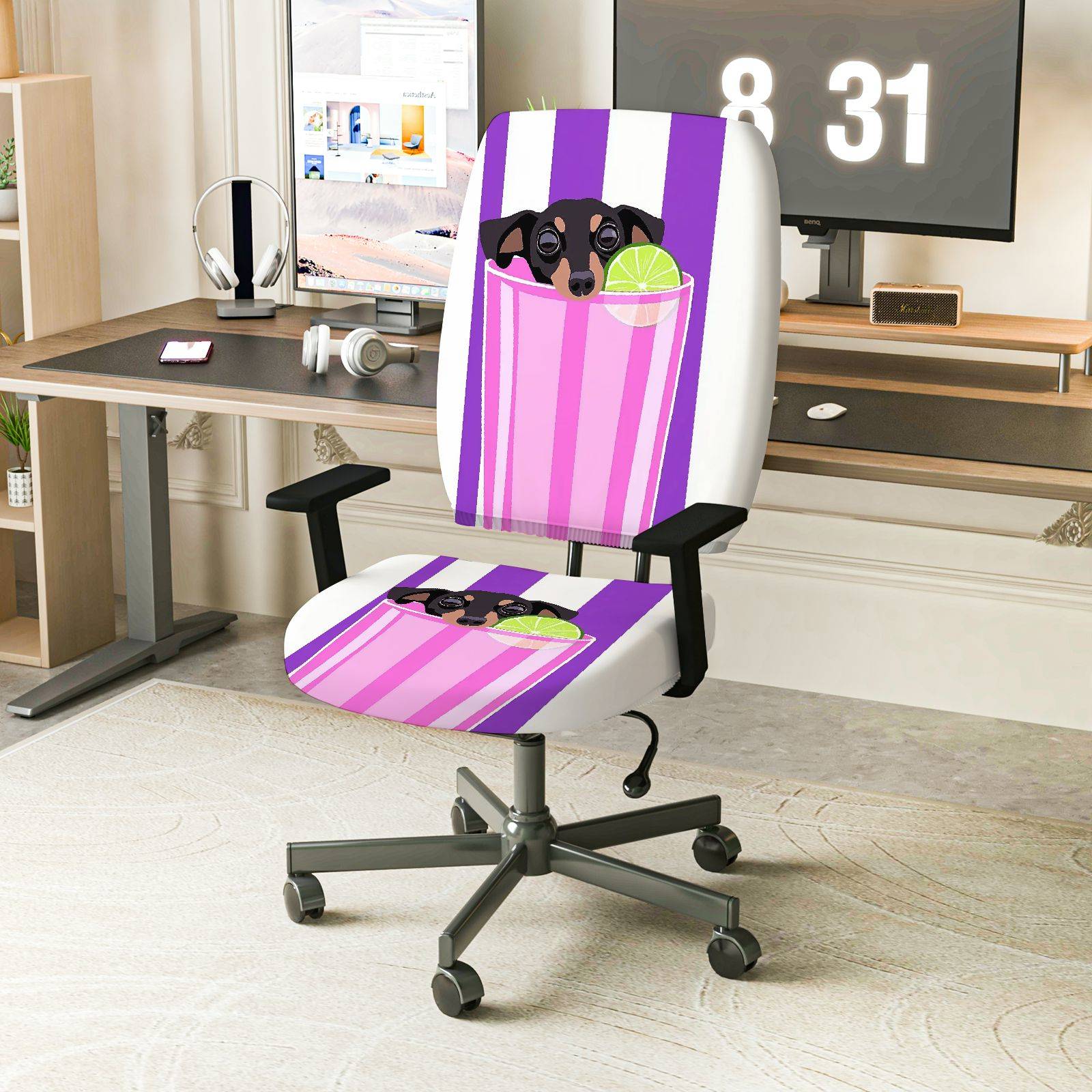 2-Piece Cute Dog Drink Pink Purple Stripe  Computer Chair Cover Set, Seat and Backrest