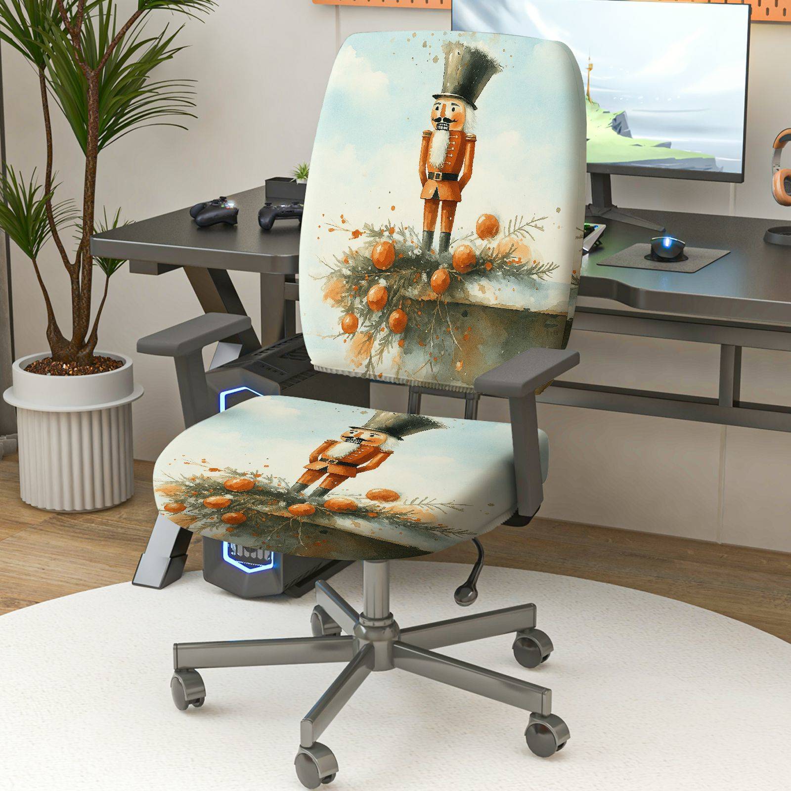 2-Piece Nutcracker Christmas Holiday Festive Decorative  Computer Chair Cover Set, Seat and Backrest