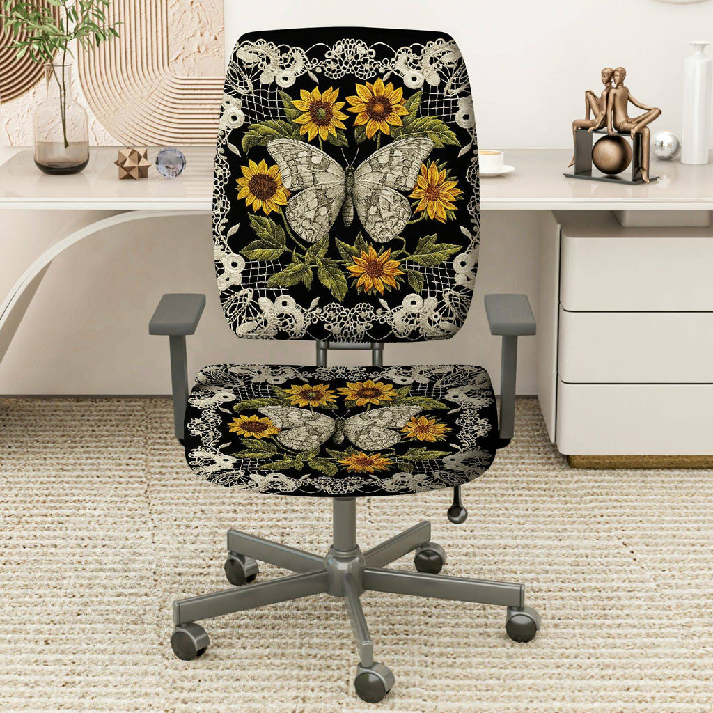 2-Piece Butterfly Floral Lace Sunflower Black  Computer Chair Cover Set, Seat and Backrest