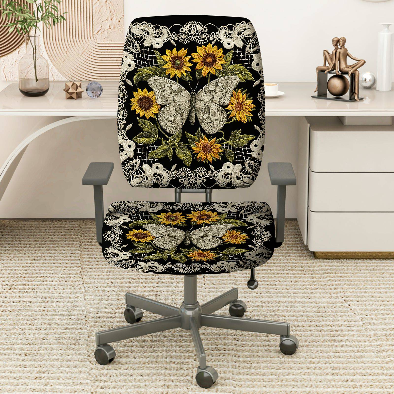 2-Piece Butterfly Floral Lace Sunflower Black  Computer Chair Cover Set, Seat and Backrest