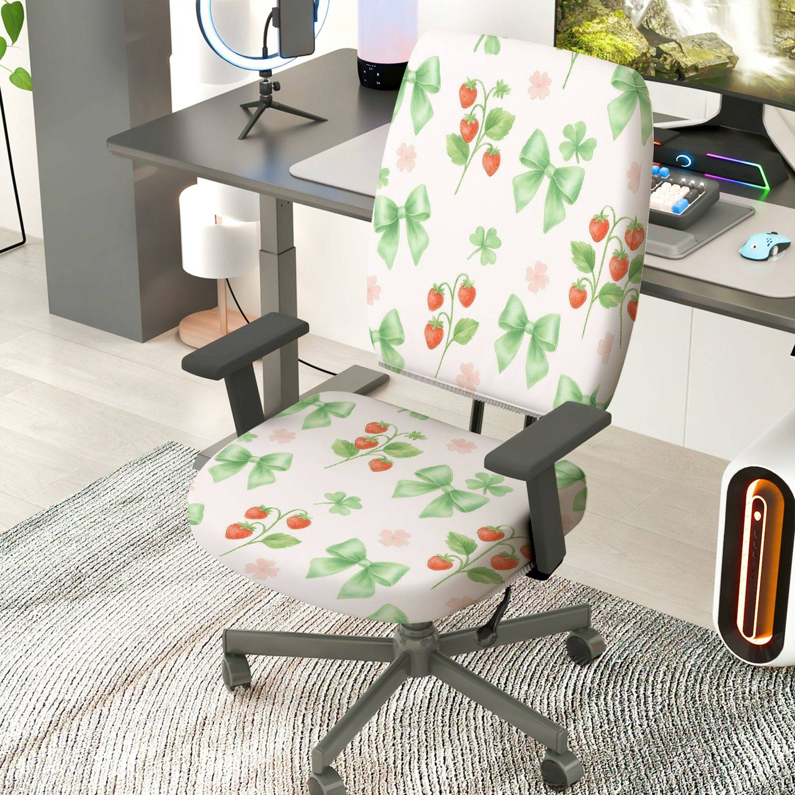 2-Piece Strawberry Bow Clover Flower Pink  Computer Chair Cover Set, Seat and Backrest