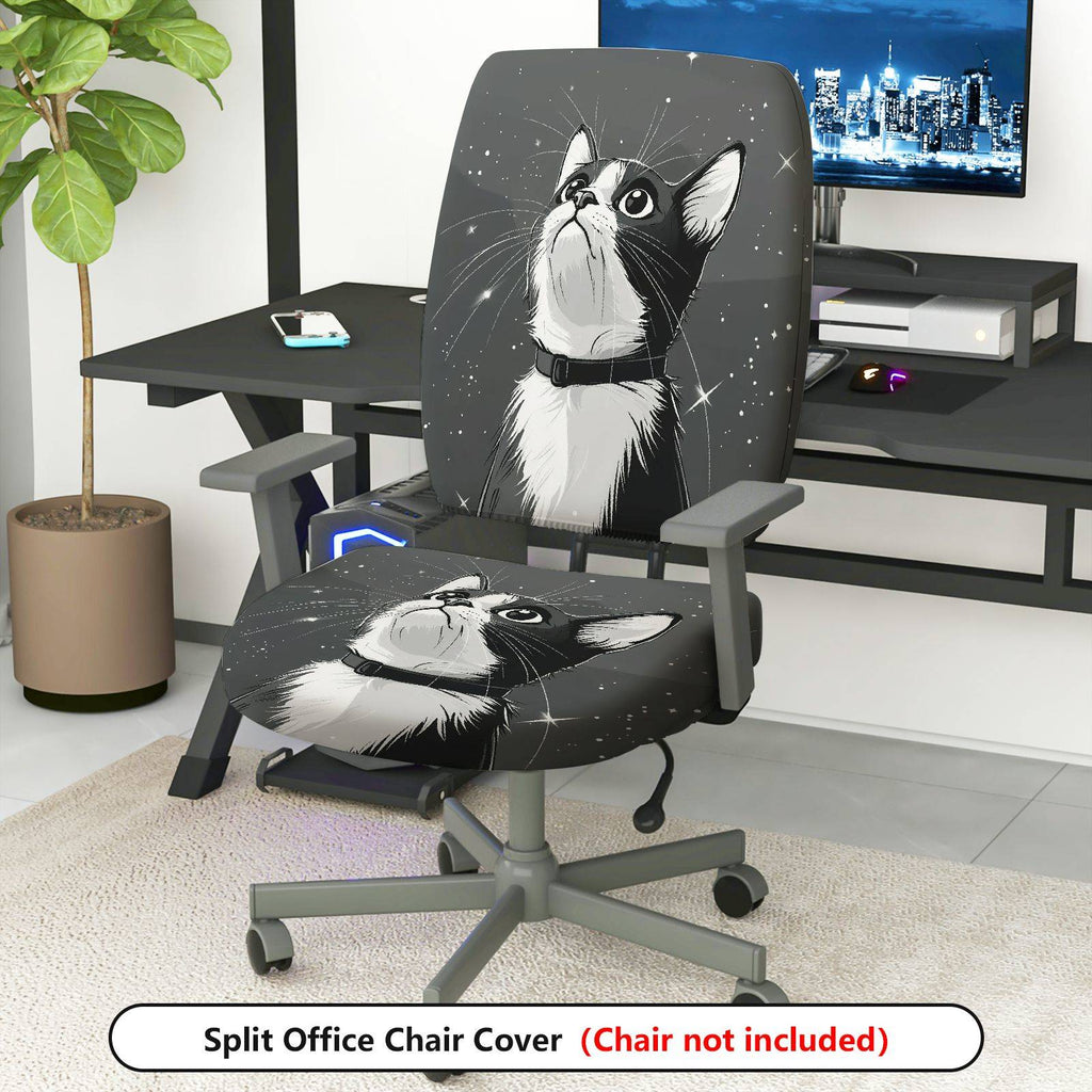2-Piece Cute Cat Starry Sky Gray Black  Computer Chair Cover Set, Seat and Backrest