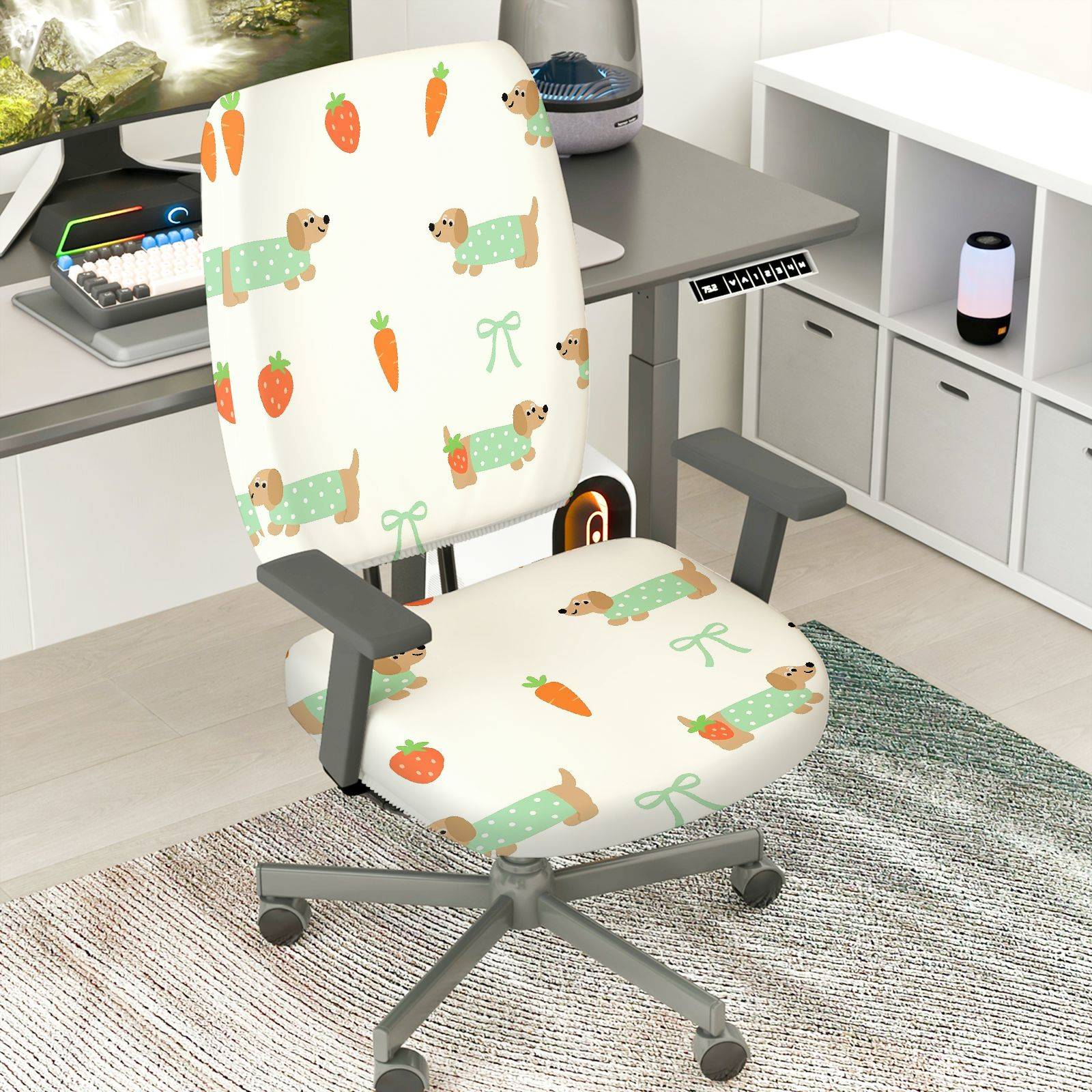 2-Piece Dog Strawberry Carrot Bow  Computer Chair Cover Set, Seat and Backrest