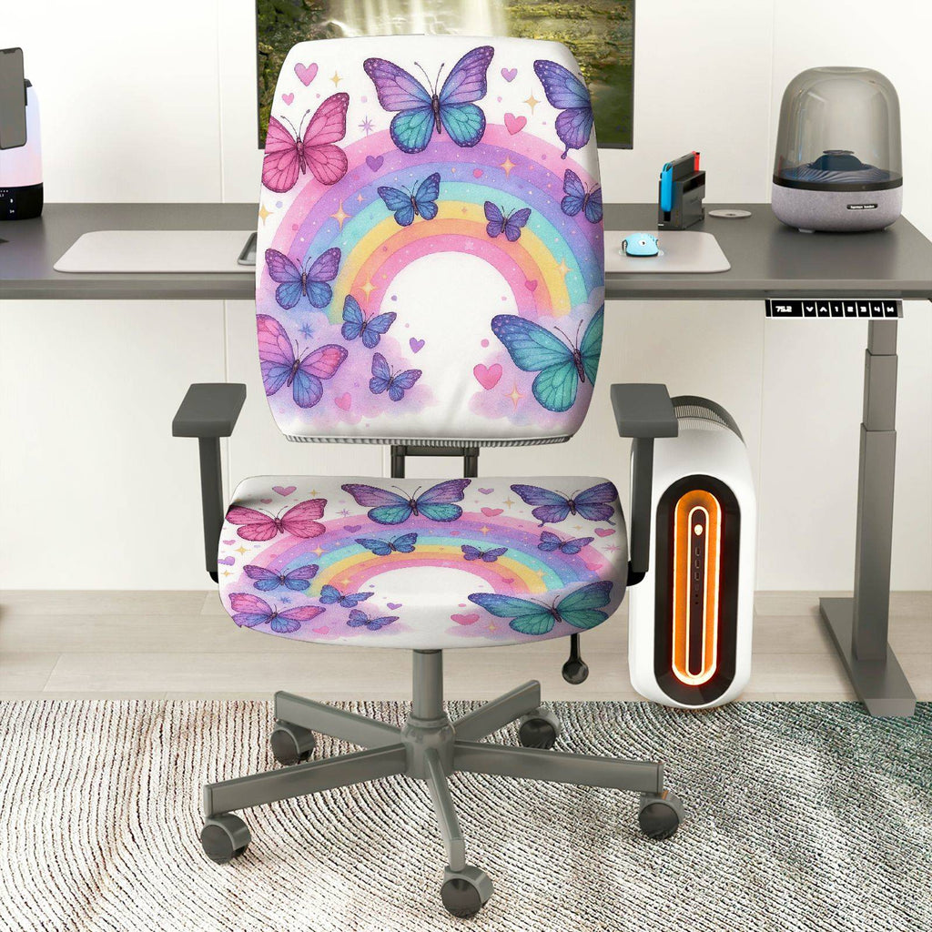2-Piece Butterfly Rainbow Colorful Pattern Cute Decorative  Computer Chair Cover Set, Seat and Backrest