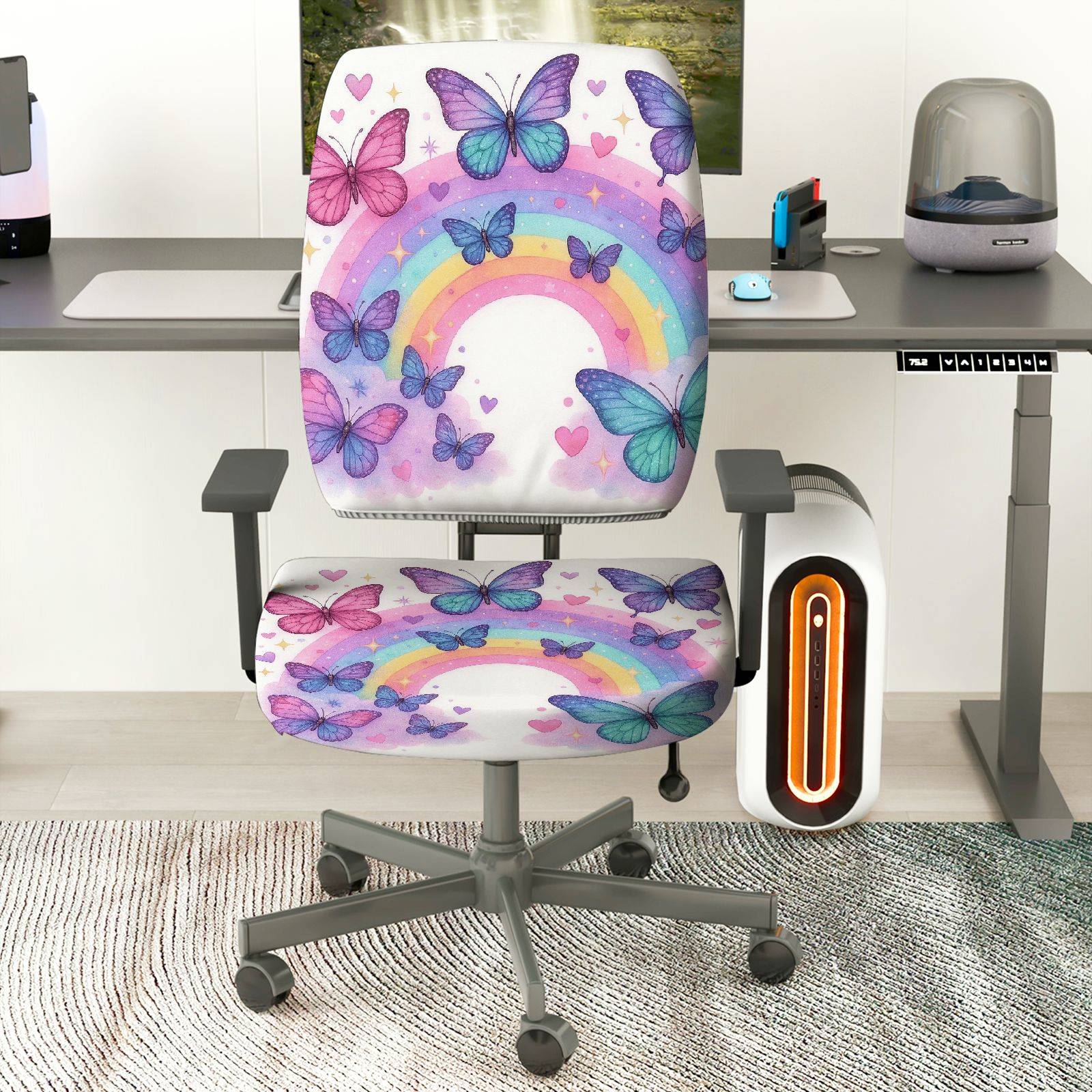 2-Piece Butterfly Rainbow Colorful Pattern Cute Decorative  Computer Chair Cover Set, Seat and Backrest