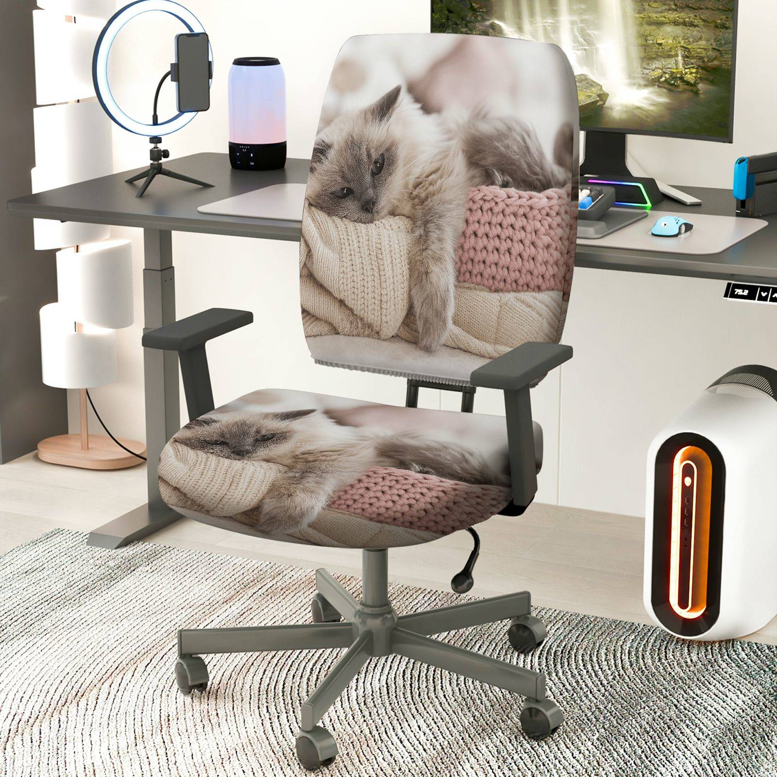 2-Piece Cute Cozy Cat Pattern  Computer Chair Cover Set, Seat and Backrest