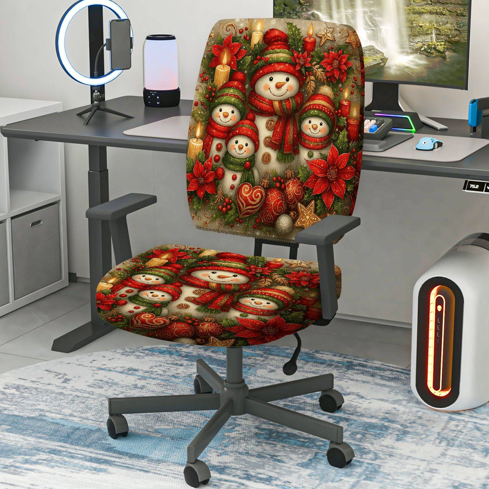2-Piece Christmas Snowman Poinsettia Holiday Winter  Computer Chair Cover Set, Seat and Backrest