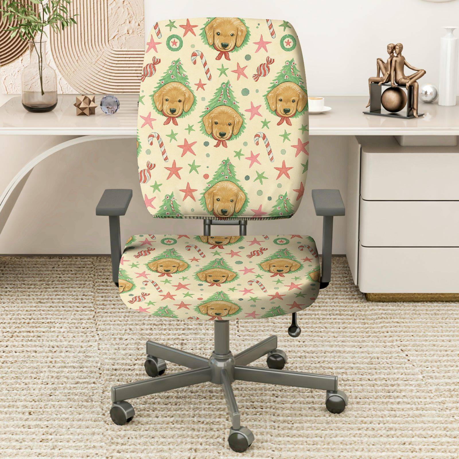 2-Piece Christmas Dog Tree Star Candy  Computer Chair Cover Set, Seat and Backrest