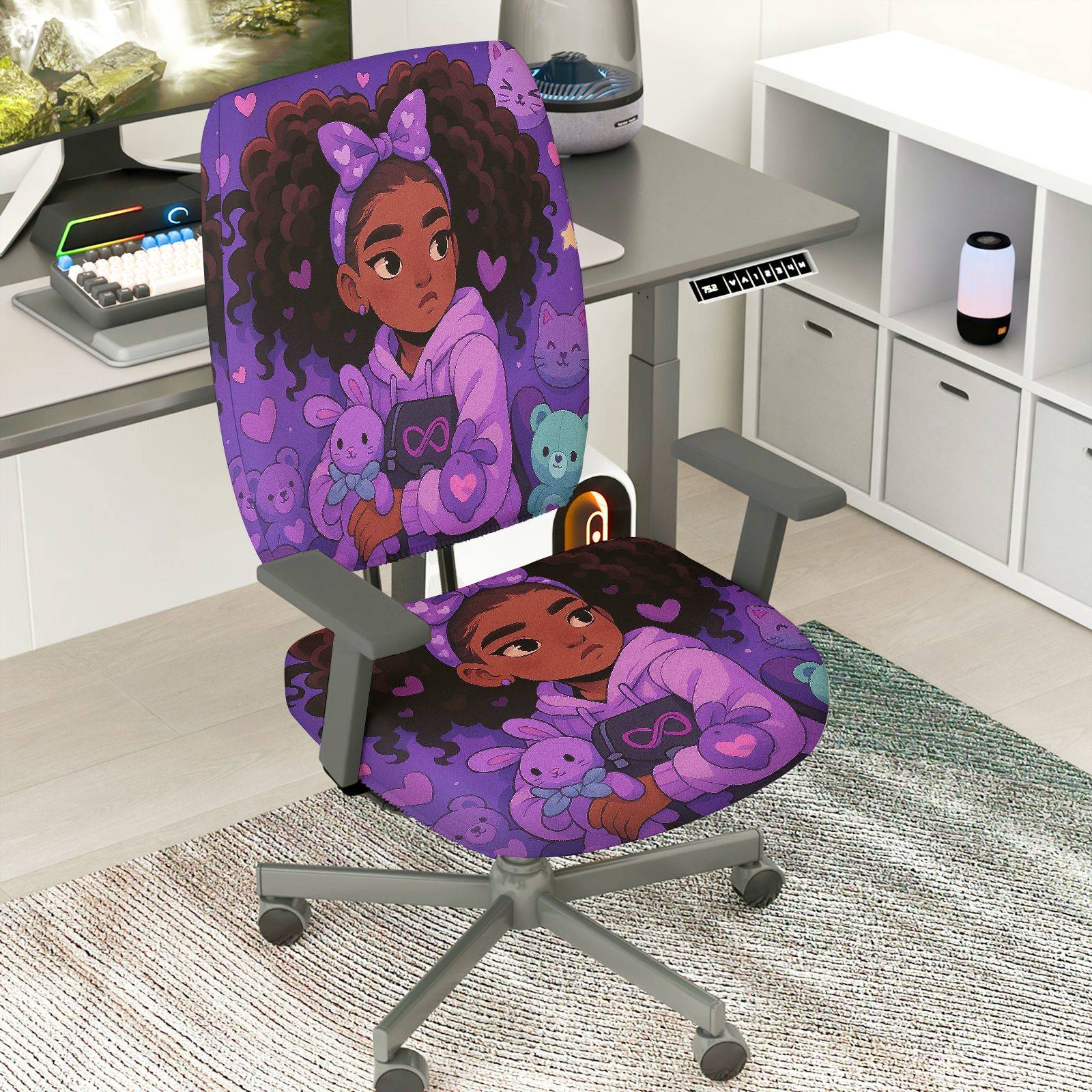 2-Piece purple heart girl cute teddy bear  Computer Chair Cover Set, Seat and Backrest