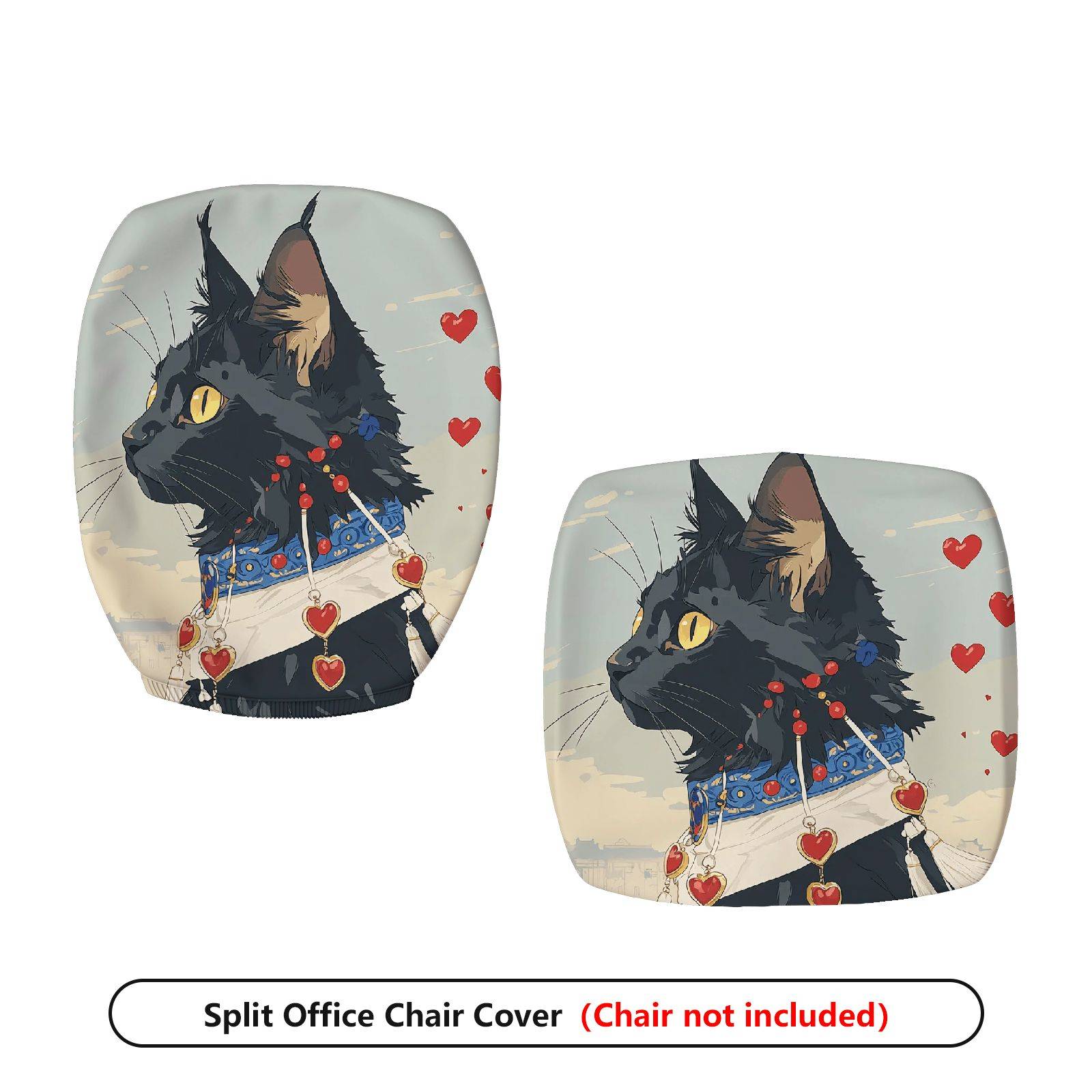 2-Piece Black Cat Heart Collar Cute Decorative  Computer Chair Cover Set, Seat and Backrest