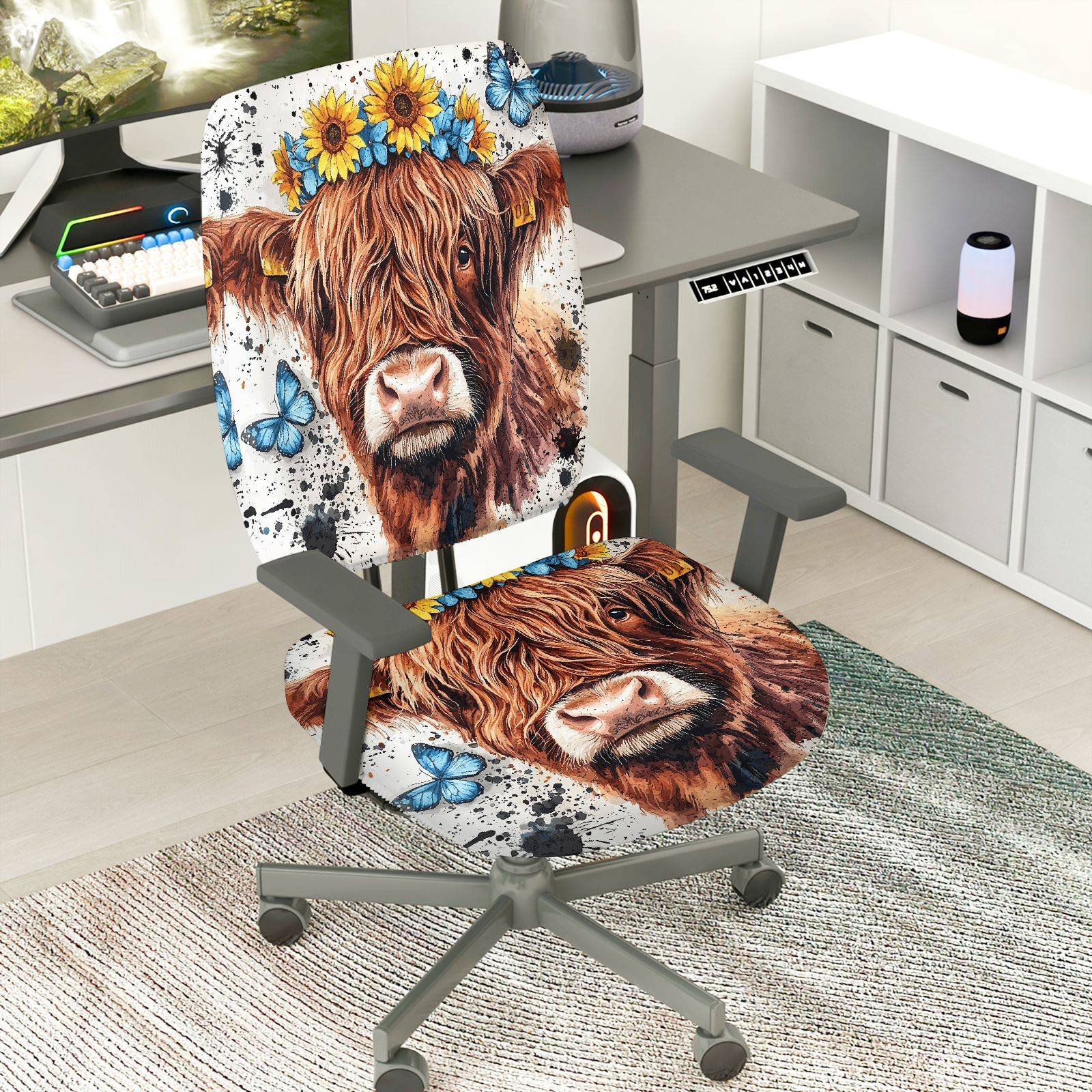 2-Piece Sunflower Butterfly Cow Animal Art  Computer Chair Cover Set, Seat and Backrest