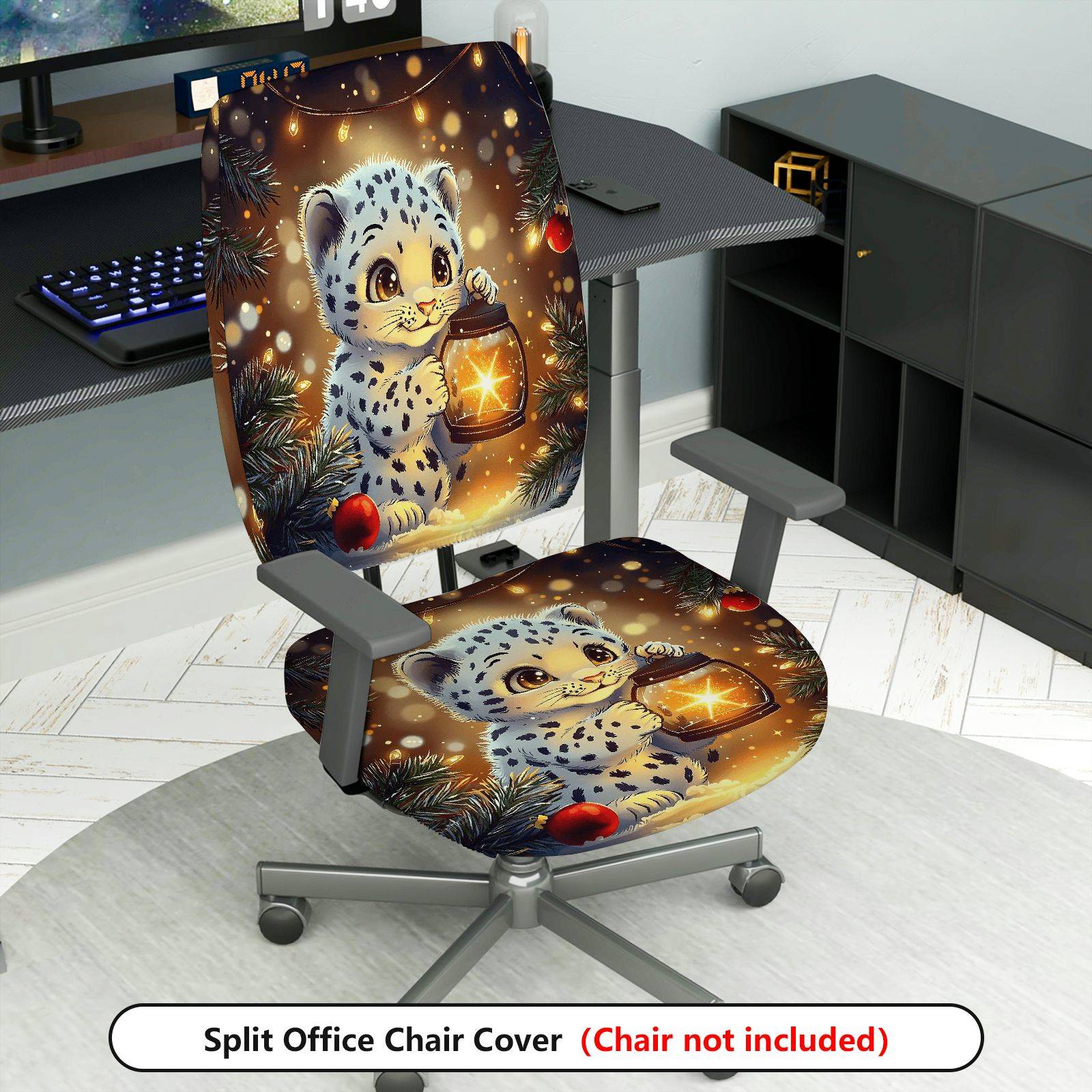 2-Piece Christmas Snowflake Lantern Cute Leopard  Computer Chair Cover Set, Seat and Backrest