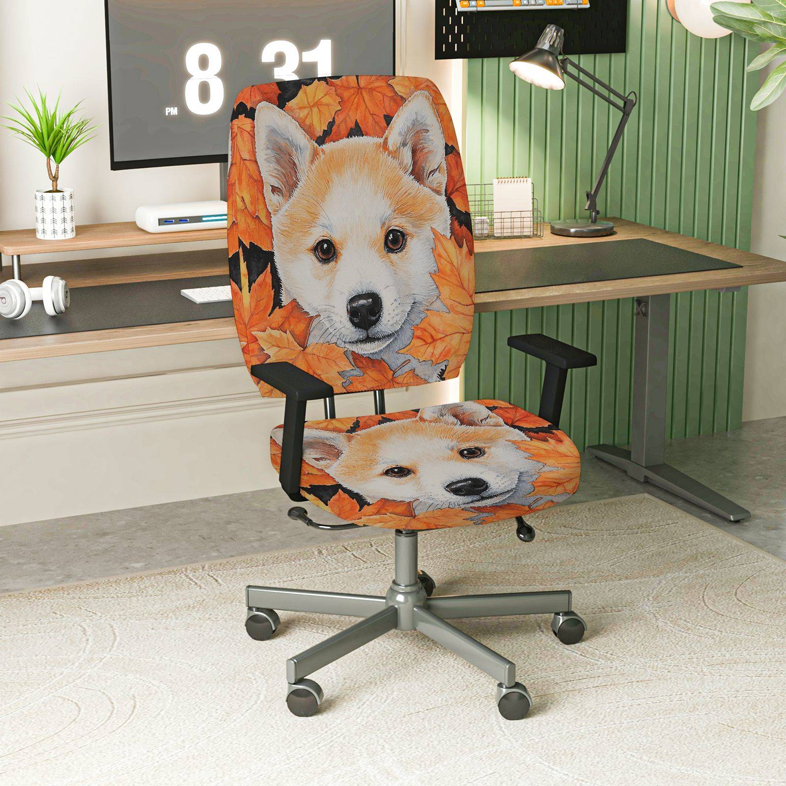 2-Piece Dog Leaf Autumn Animal Nature Home  Computer Chair Cover Set, Seat and Backrest