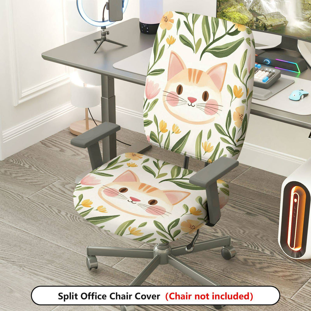 2-Piece Cute Cat Floral Pattern  Computer Chair Cover Set, Seat and Backrest