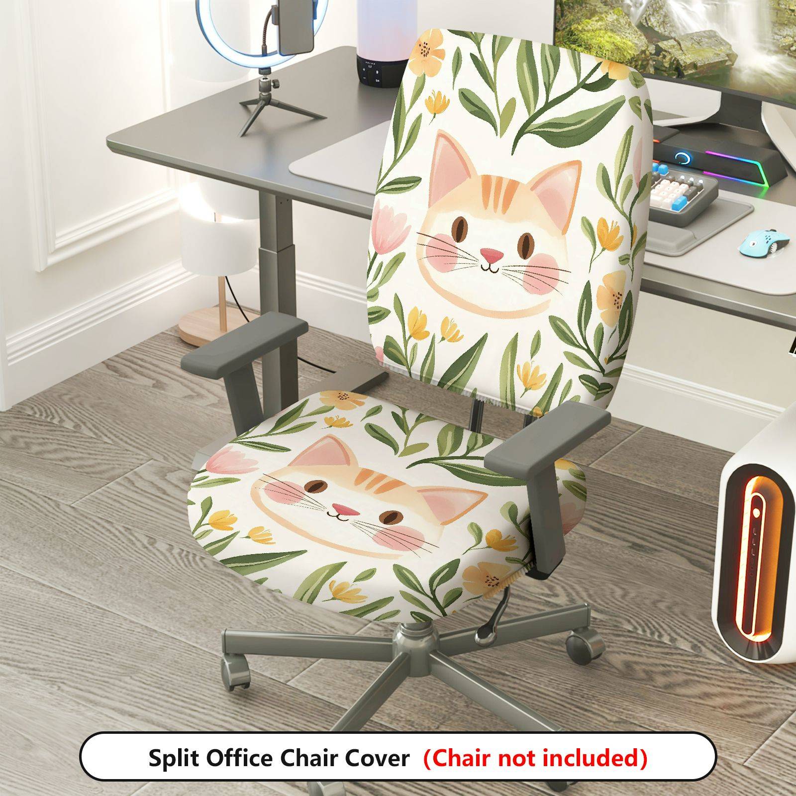 2-Piece Cute Cat Floral Pattern  Computer Chair Cover Set, Seat and Backrest