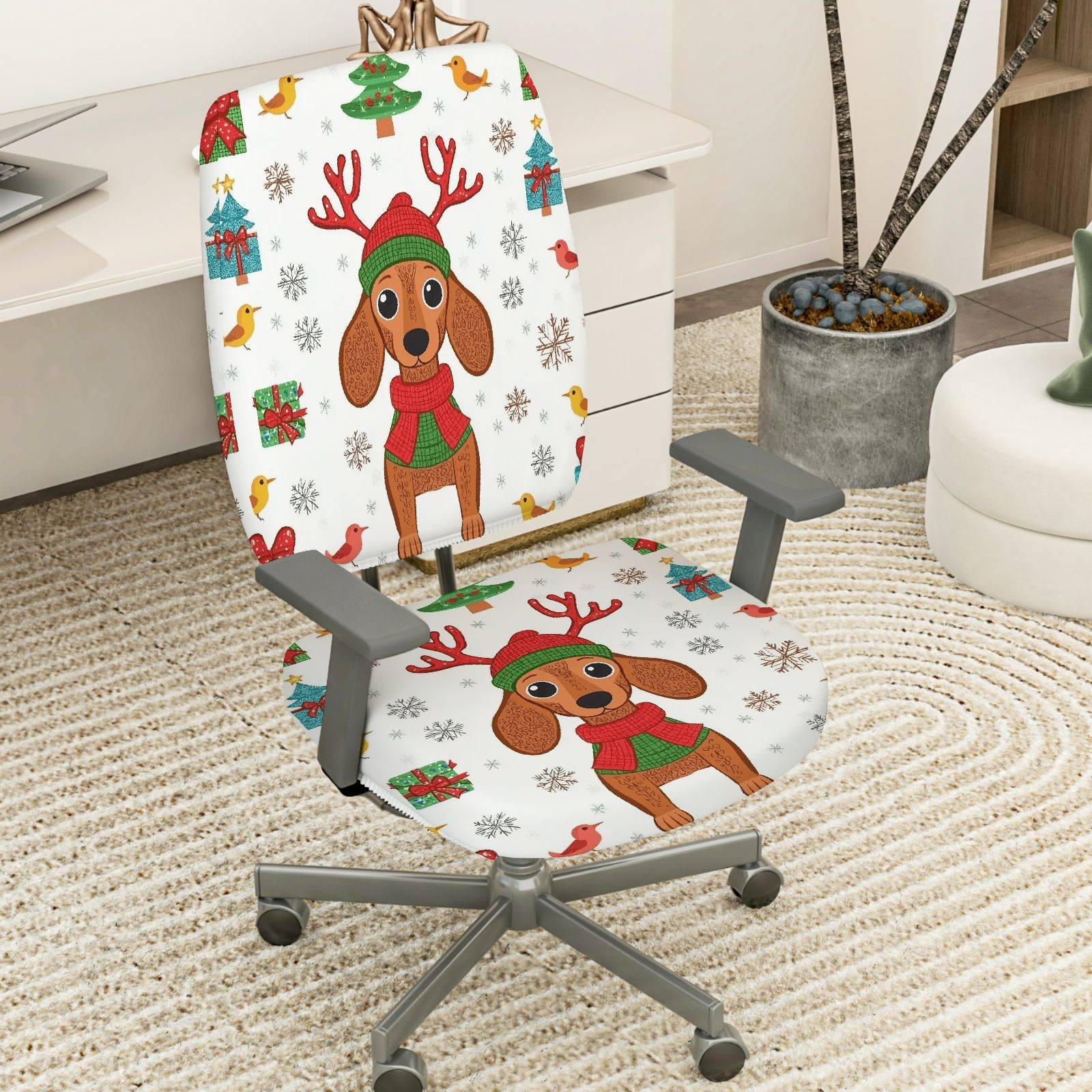 2-Piece Christmas Dog Reindeer Snowflake Gift  Computer Chair Cover Set, Seat and Backrest