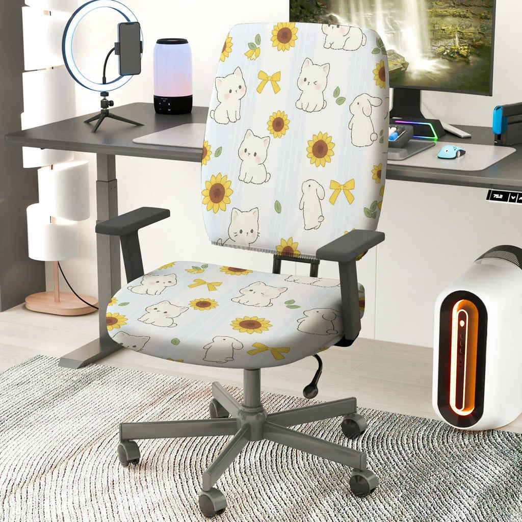 2-Piece Cute Sunflower Cat Bow Spring  Computer Chair Cover Set, Seat and Backrest