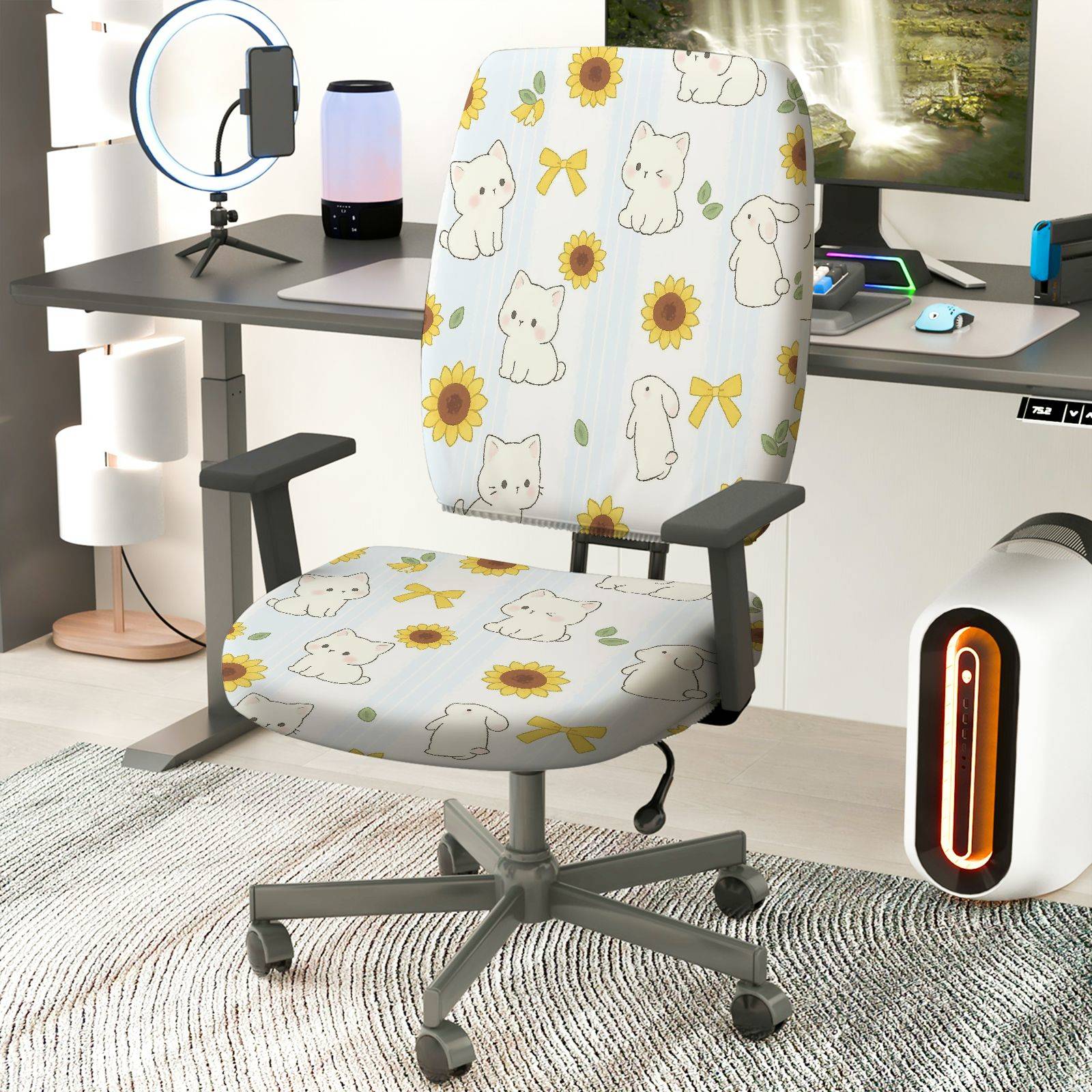 2-Piece Cute Sunflower Cat Bow Spring  Computer Chair Cover Set, Seat and Backrest