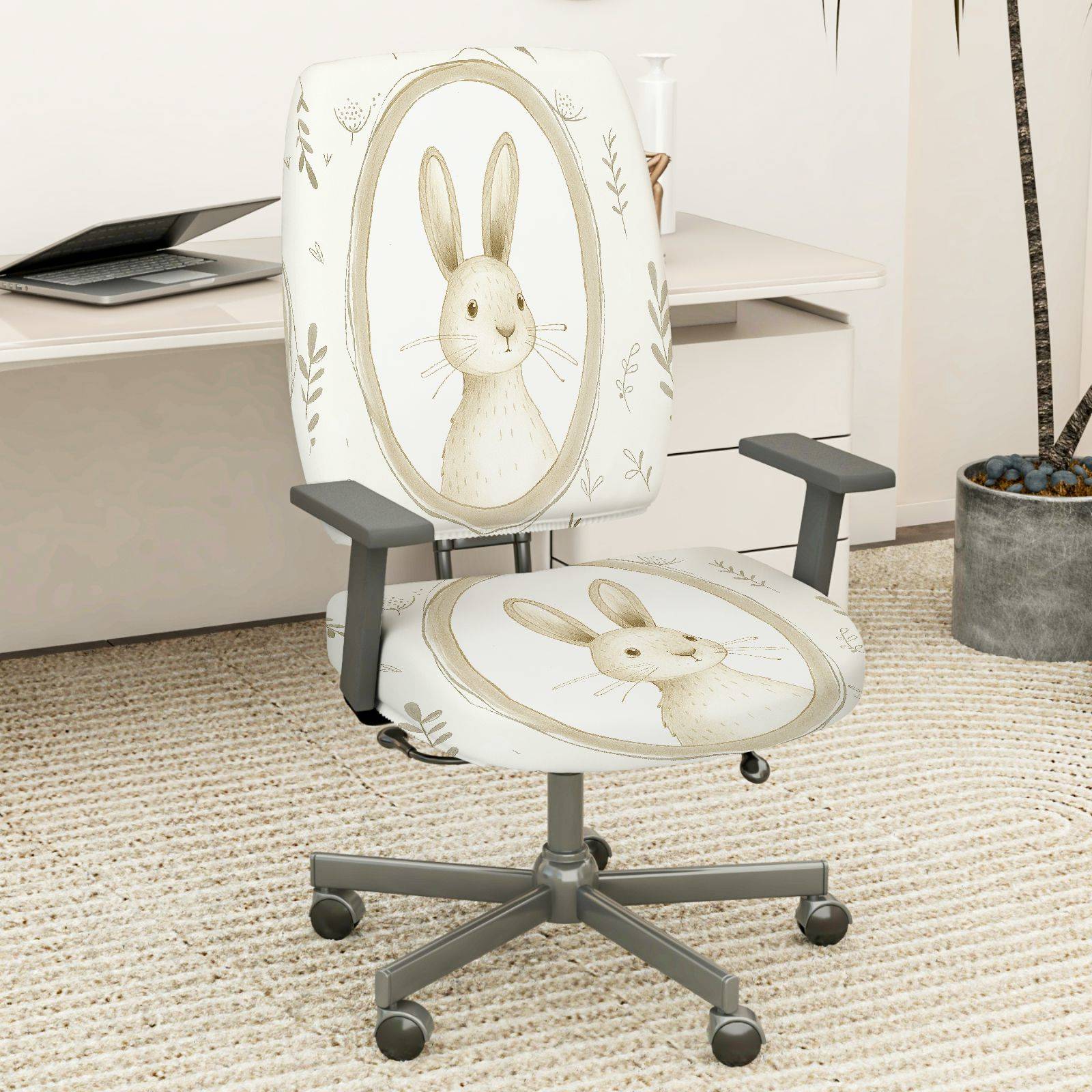 2-Piece Cute Bunny Pattern Easter Pastel Beige  Computer Chair Cover Set, Seat and Backrest