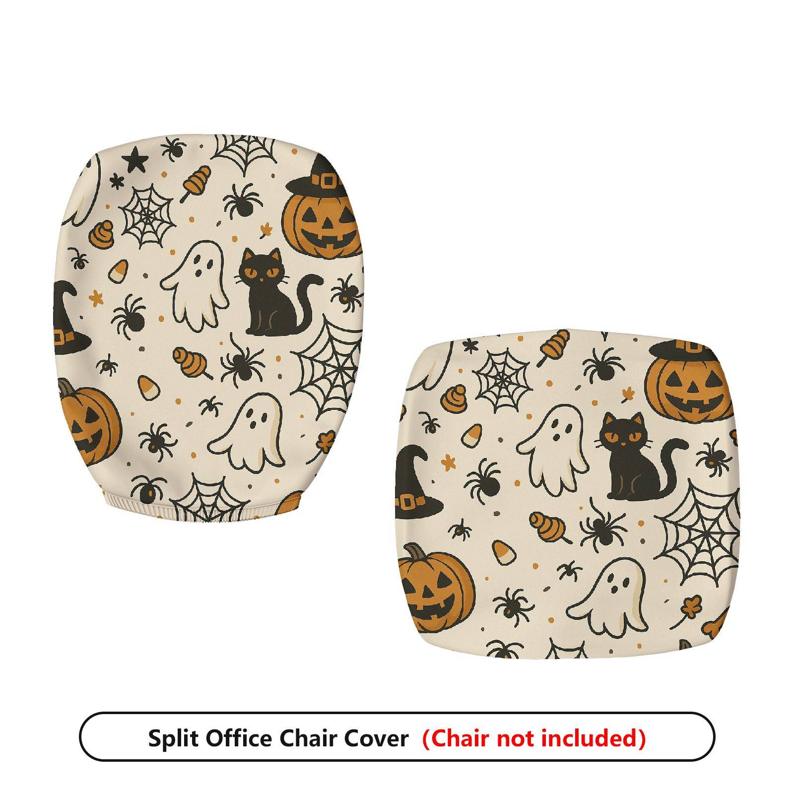 2-Piece Halloween Ghost Pumpkin Cat Spider Web  Computer Chair Cover Set, Seat and Backrest