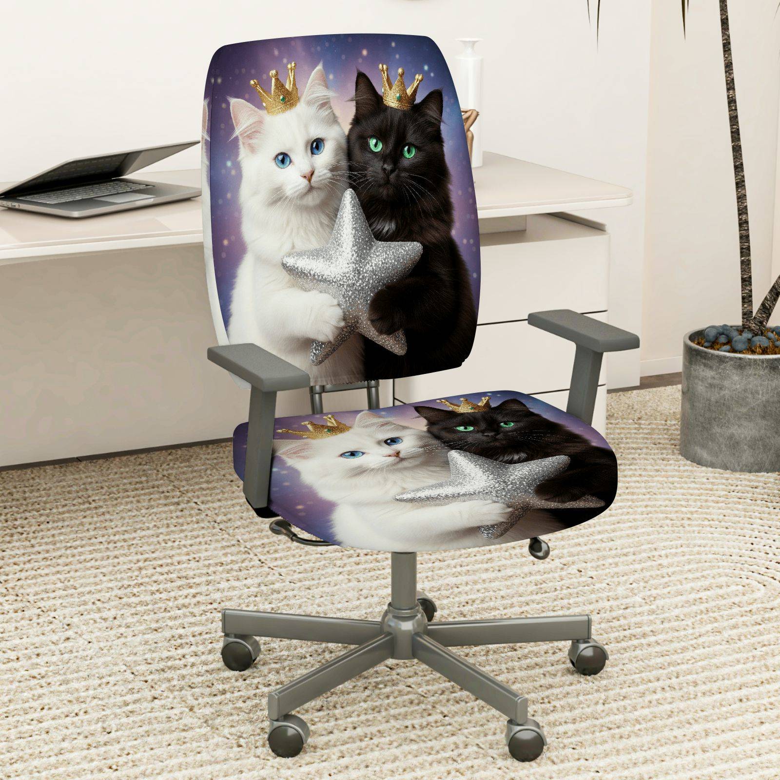 2-Piece Cute Cat Star Crown Fantasy  Computer Chair Cover Set, Seat and Backrest