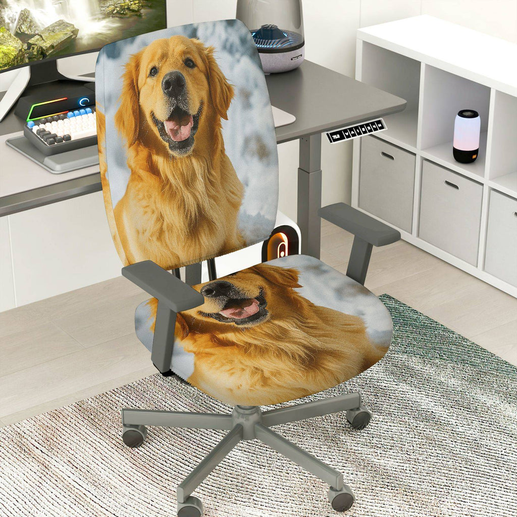 2-Piece Cute Dog Winter Snow Fun Joyful  Computer Chair Cover Set, Seat and Backrest