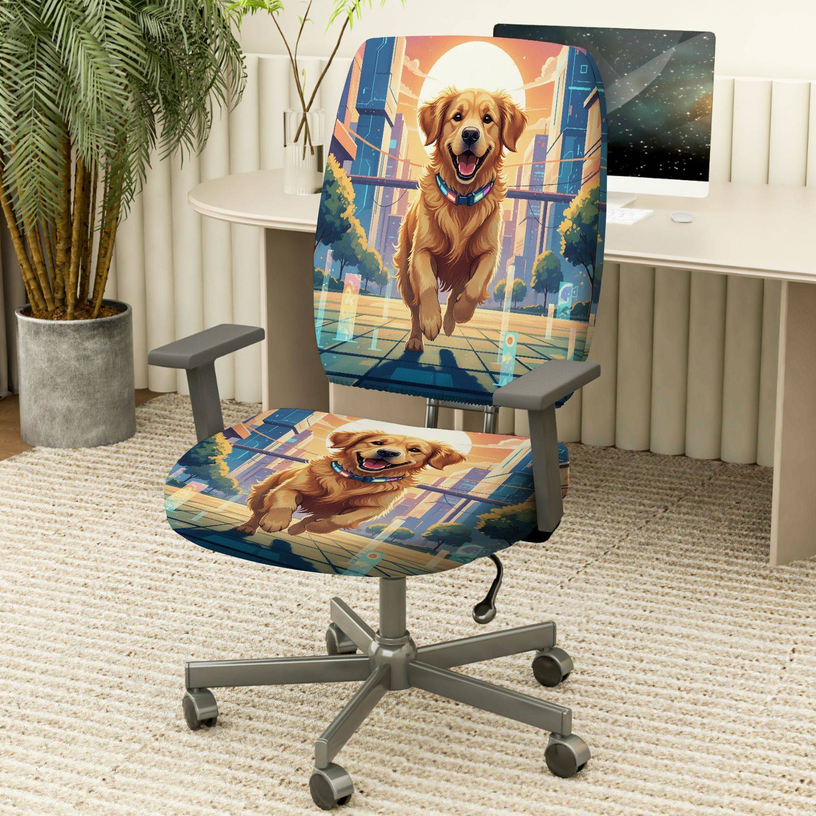 2-Piece Dog Cityscape Sunset Joyful Vibrant Playful  Computer Chair Cover Set, Seat and Backrest