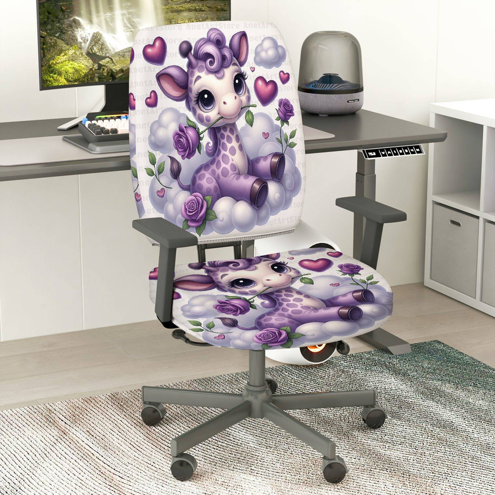 2-Piece Cute Fantasy Animal Hearts Clouds Roses  Computer Chair Cover Set, Seat and Backrest