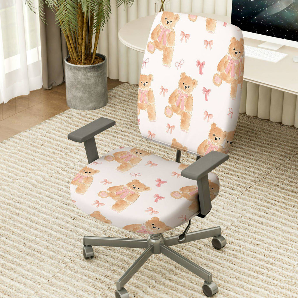 2-Piece Adorable Teddy Bear Pink Ribbon Sweet Cute Fun  Computer Chair Cover Set, Seat and Backrest