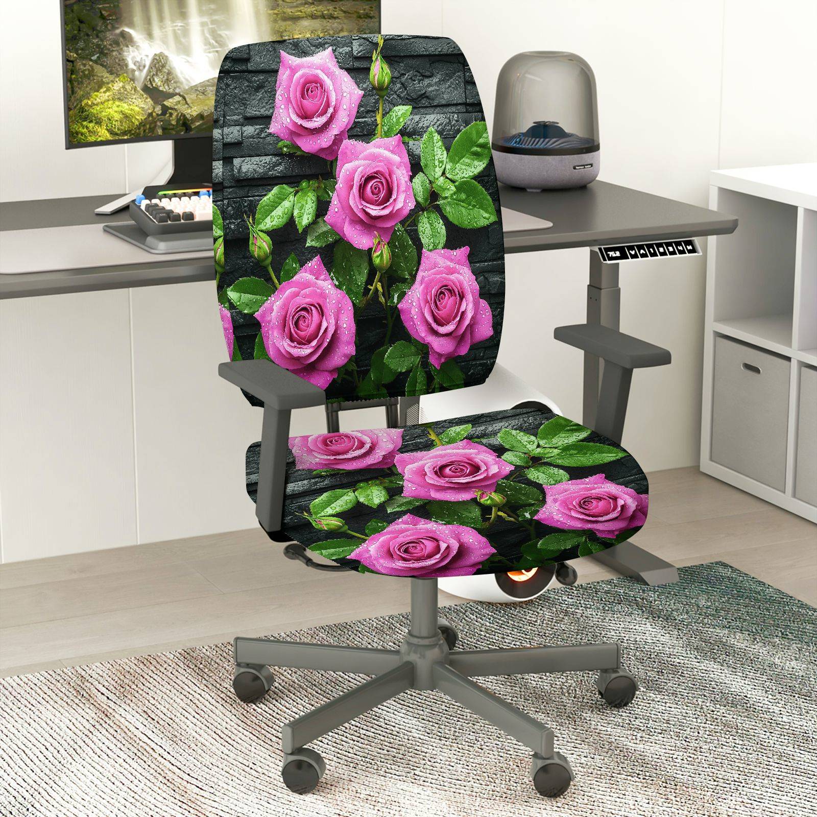 2-Piece Floral Rose Pink Green Black Sophisticated  Computer Chair Cover Set, Seat and Backrest