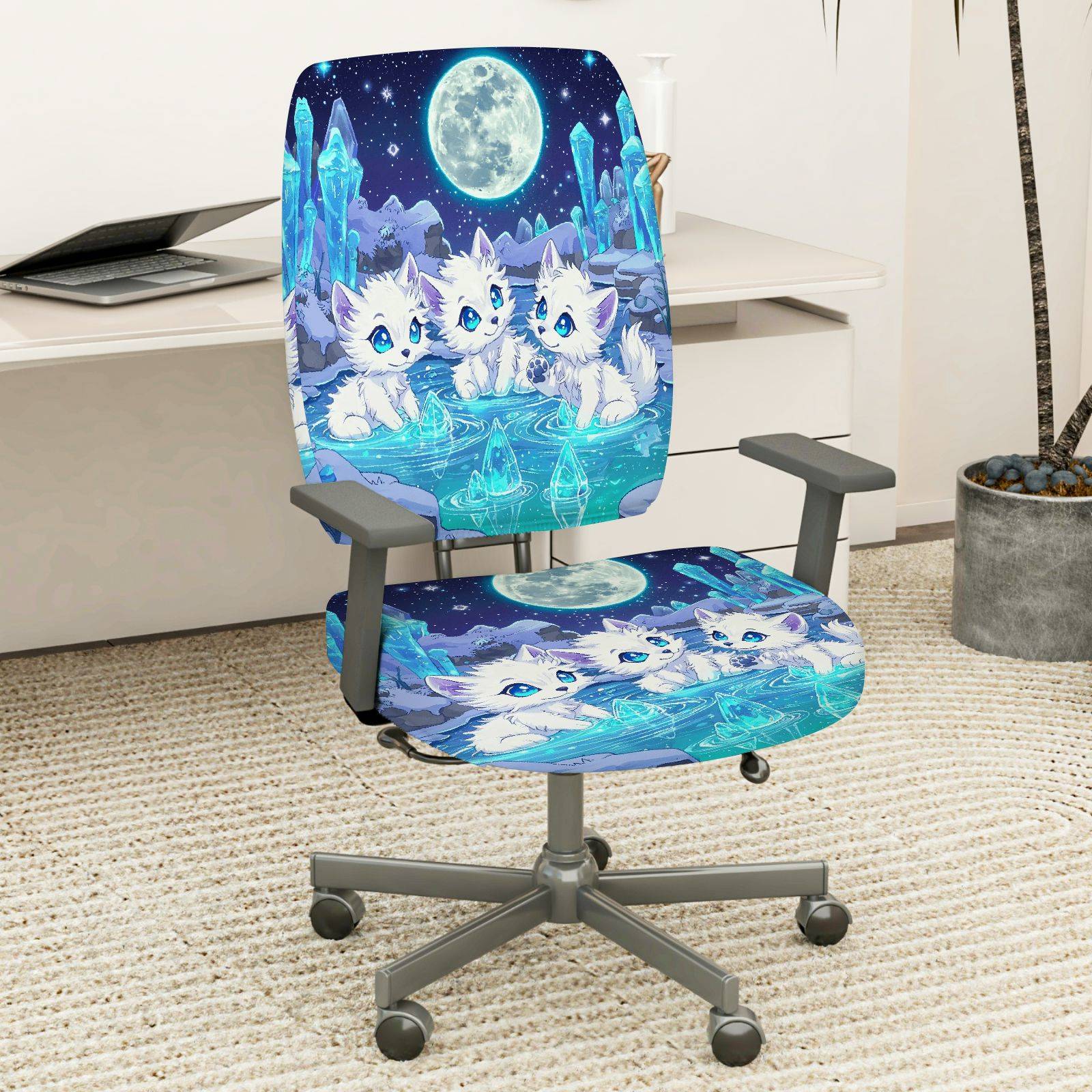 2-Piece Moonlight Fantasy Animal Crystal Night Cats  Computer Chair Cover Set, Seat and Backrest